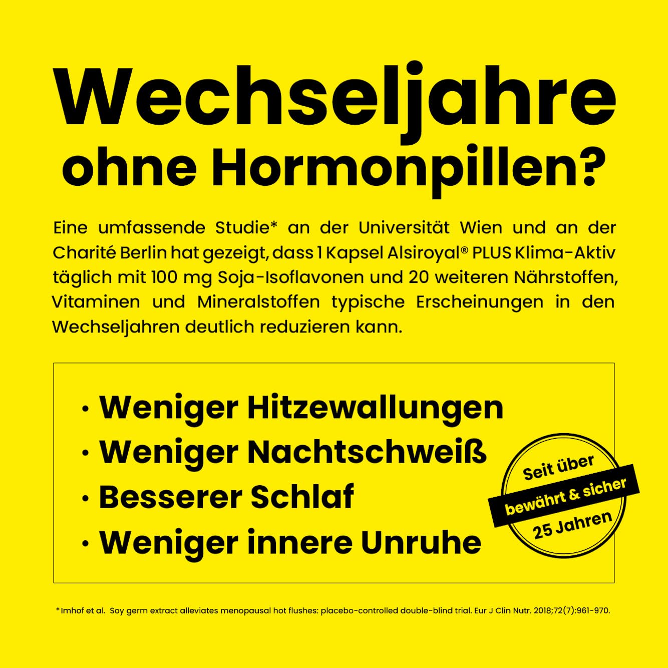 Alsiroyal PLUS Klima-Aktiv-Kapseln · eigene klinische Studie · Wechseljahre · 100 mg Soja-Isoflavone hochdosiert · 20 Mikronährstoffe · Bei Hitzewallungen, Nachtschweiß, schlechtem Schlaf