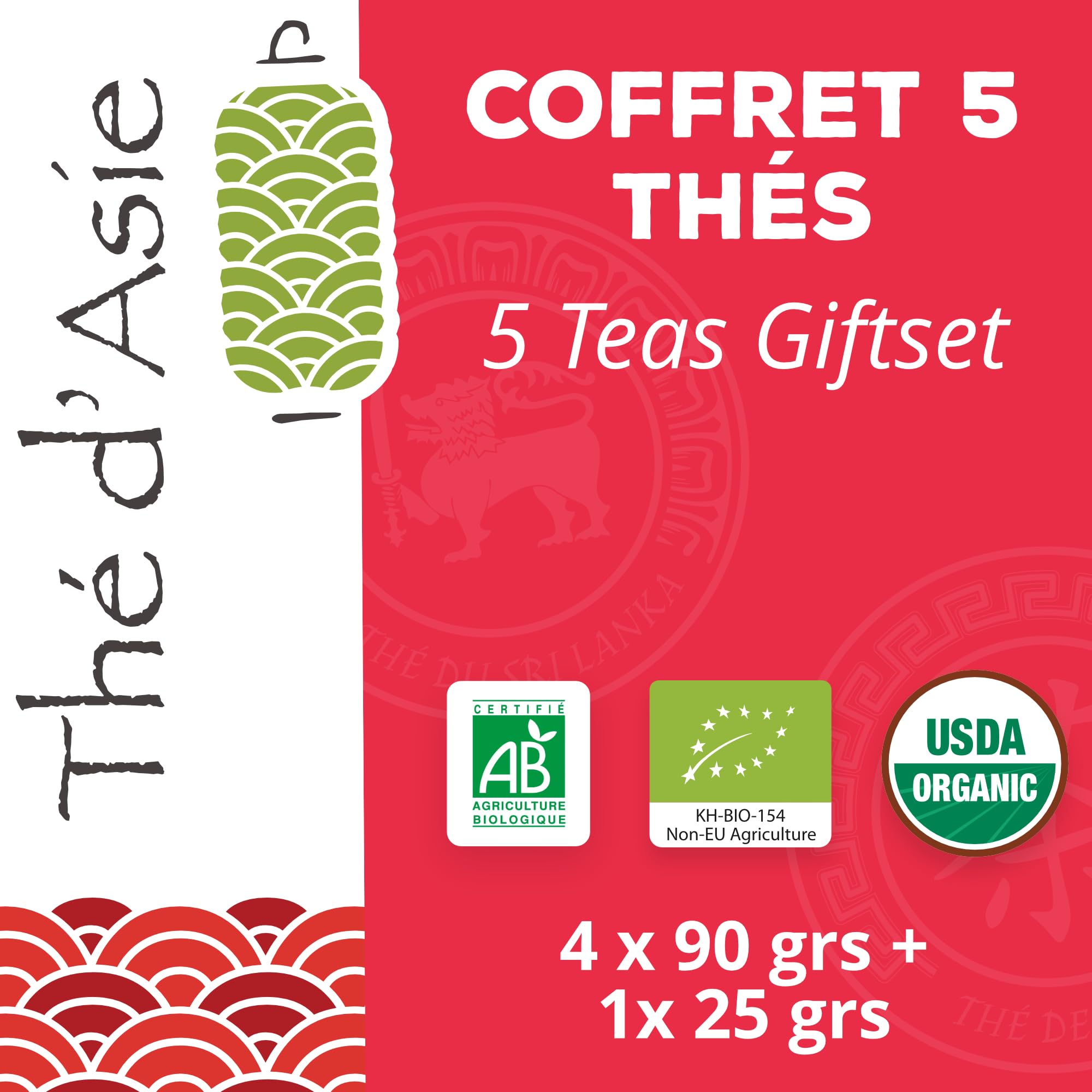 Khla - Coffret de 5 Thés Bio en Vrac - 5 Boites Métal - Coffret Cadeau à Offrir - Oolong, Pai Mu Tan, Breakfast OP, Sencha & Chun Mee - Thé Bleu, Vert Noir & Blanc - Tisane, Infusion