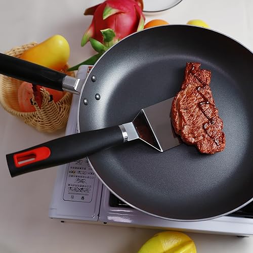 Miniatura 6 de Juego de espátulas de acero inoxidable, espátula de sartén de hierro fundido con mango de silicona, aleta giratoria para panqueques, hamburguesas,