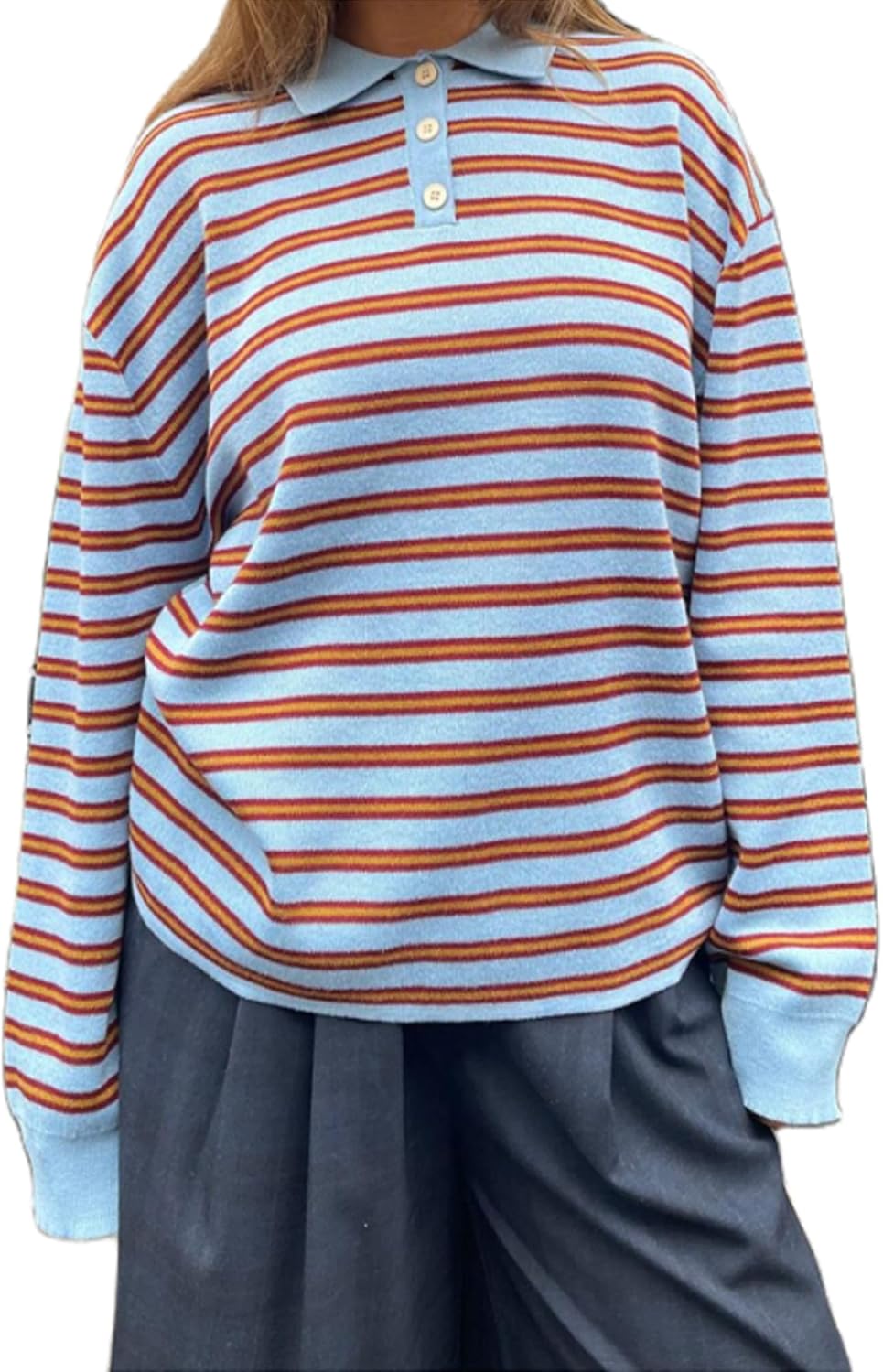 Women Y2k Striped Rugby Collared Polo Shirt Knit Vinatge Tops Oversized Long Sleeve Casual Soft Pullover Shirt