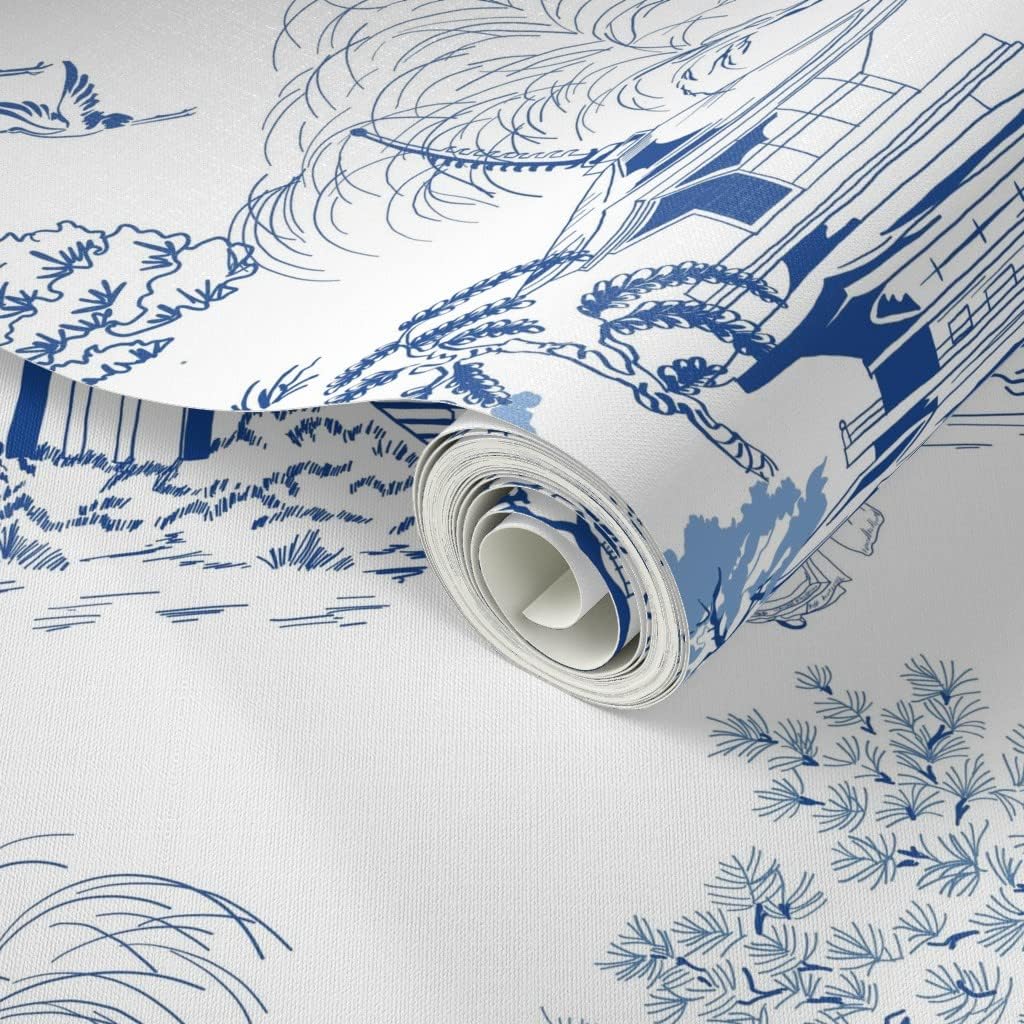 Peel & Stick Wallpaper 3ft x 2ft - Pagoda Chinoiserie Japanese Blues Japan Toile Cherry Blossom Custom Removable Wallpaper by Spoonflower