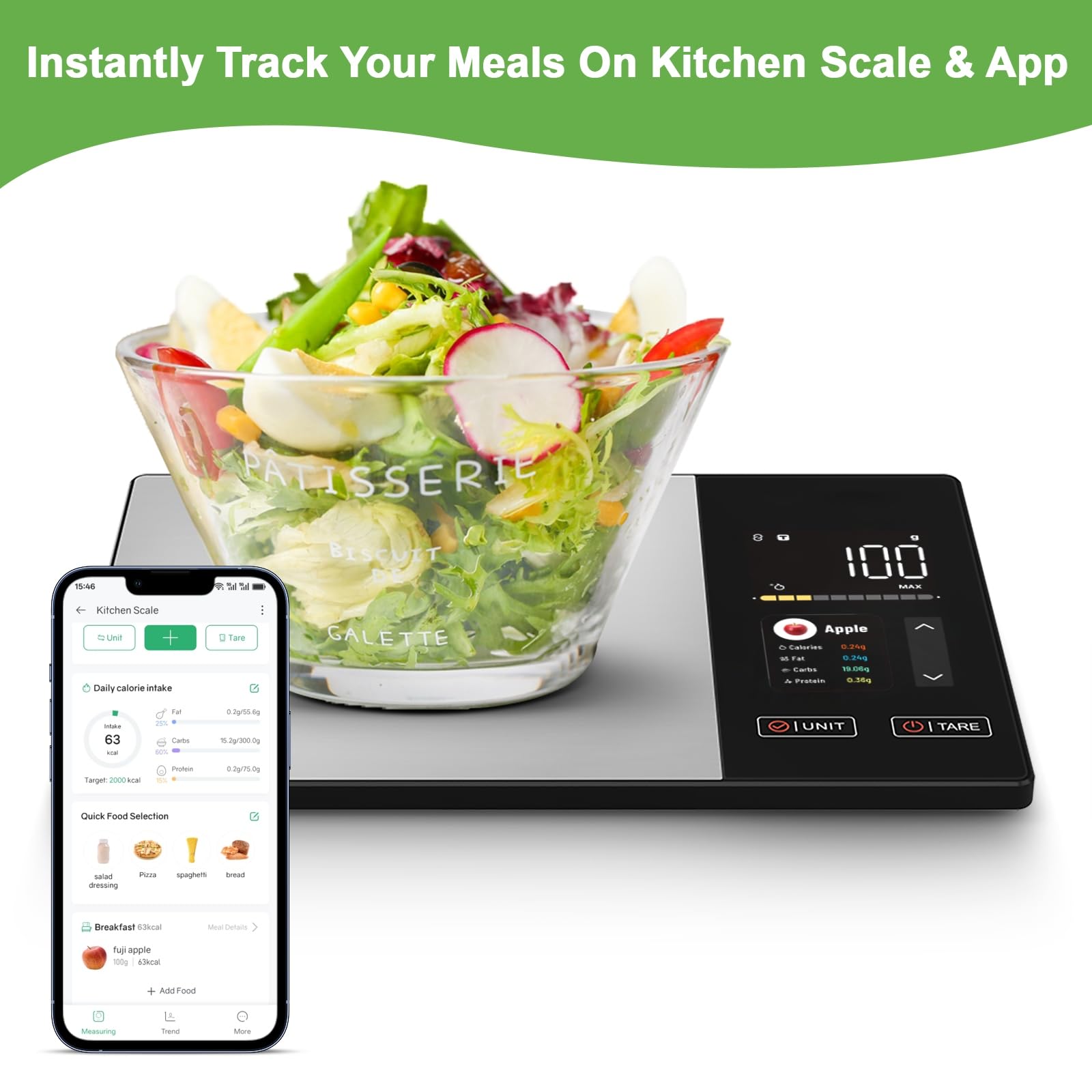 Báscula inteligente de alimentos con calculadora nutricional, báscula digital de cocina para pérdida de peso, aplicación gratuita con 23 nutrientes y seguimiento de calorías, peso digital en