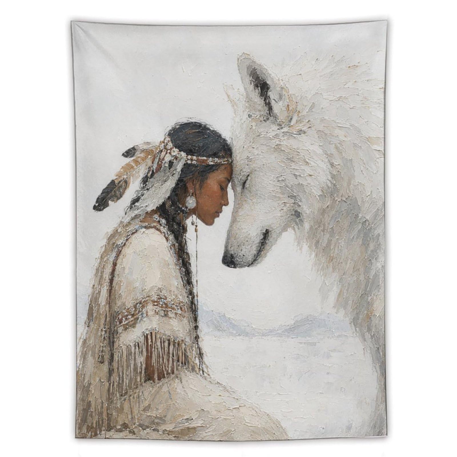W7C8U2X3 Native Woman with White Wolf Wall Tapestry, Realistic Illustration