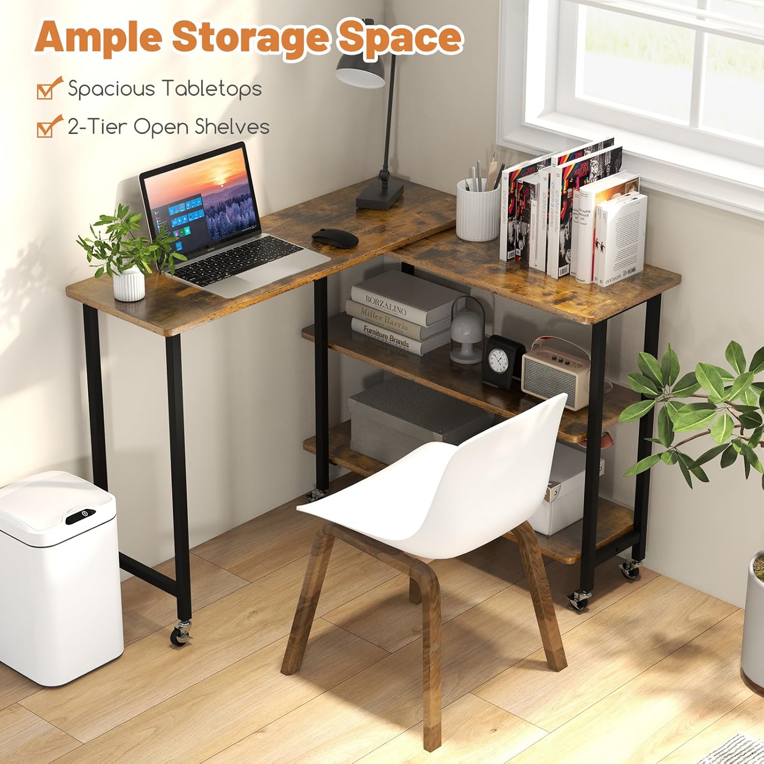 GOFLAME 360° Rotating Sofa Side Table, Mobile End Table Couch Side Table with 2-Tier Storage Shelves, Swivel Rolling Desk w/Metal Frame, 6 Casters, Movable Laptop Table for Home Office, Brown