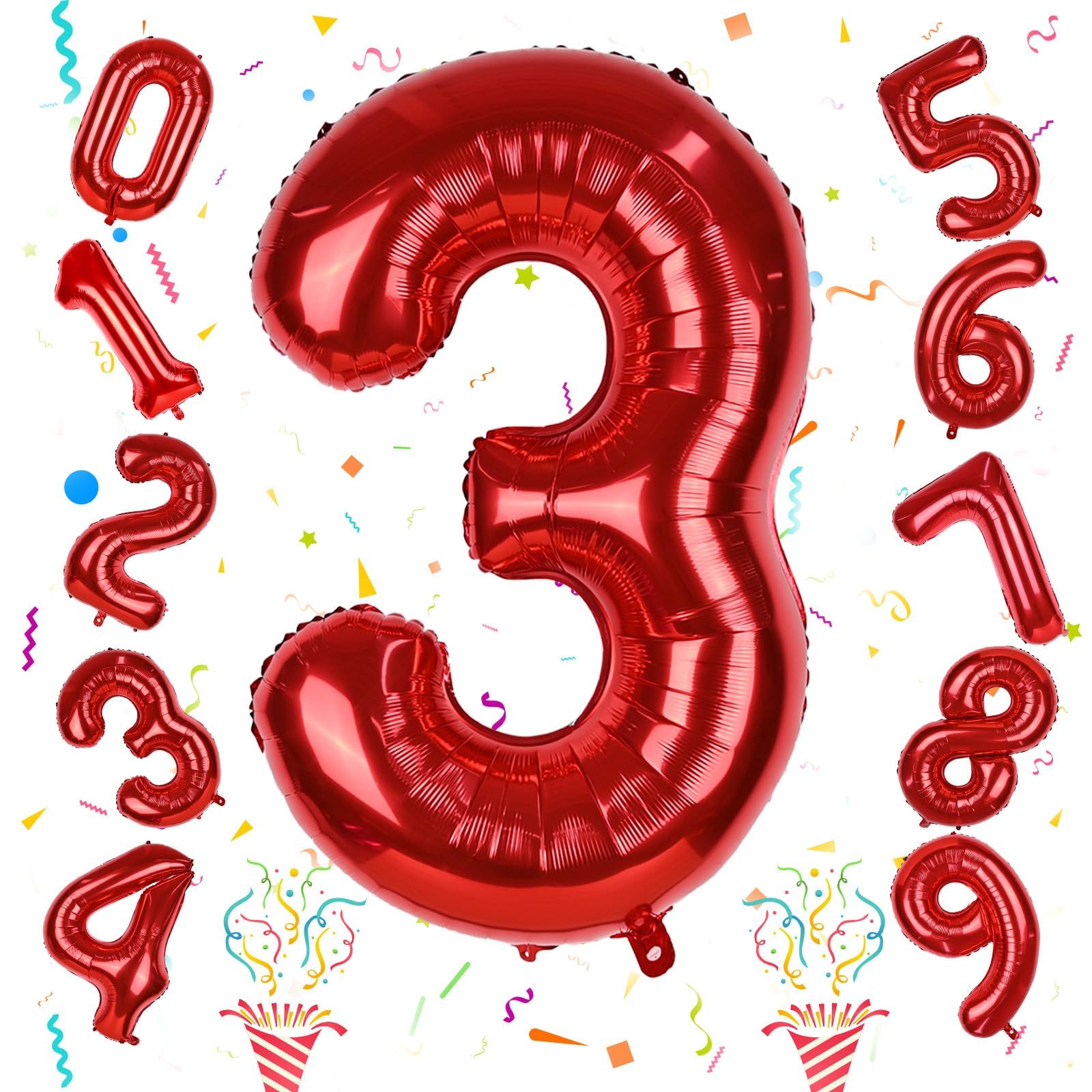 3rd Birthday Number Balloons for Girls Kids, 40 Inch Red Number Balloons 3 Large for 3rd 30th Birthday Party Decorations, Self Inflating Balloons