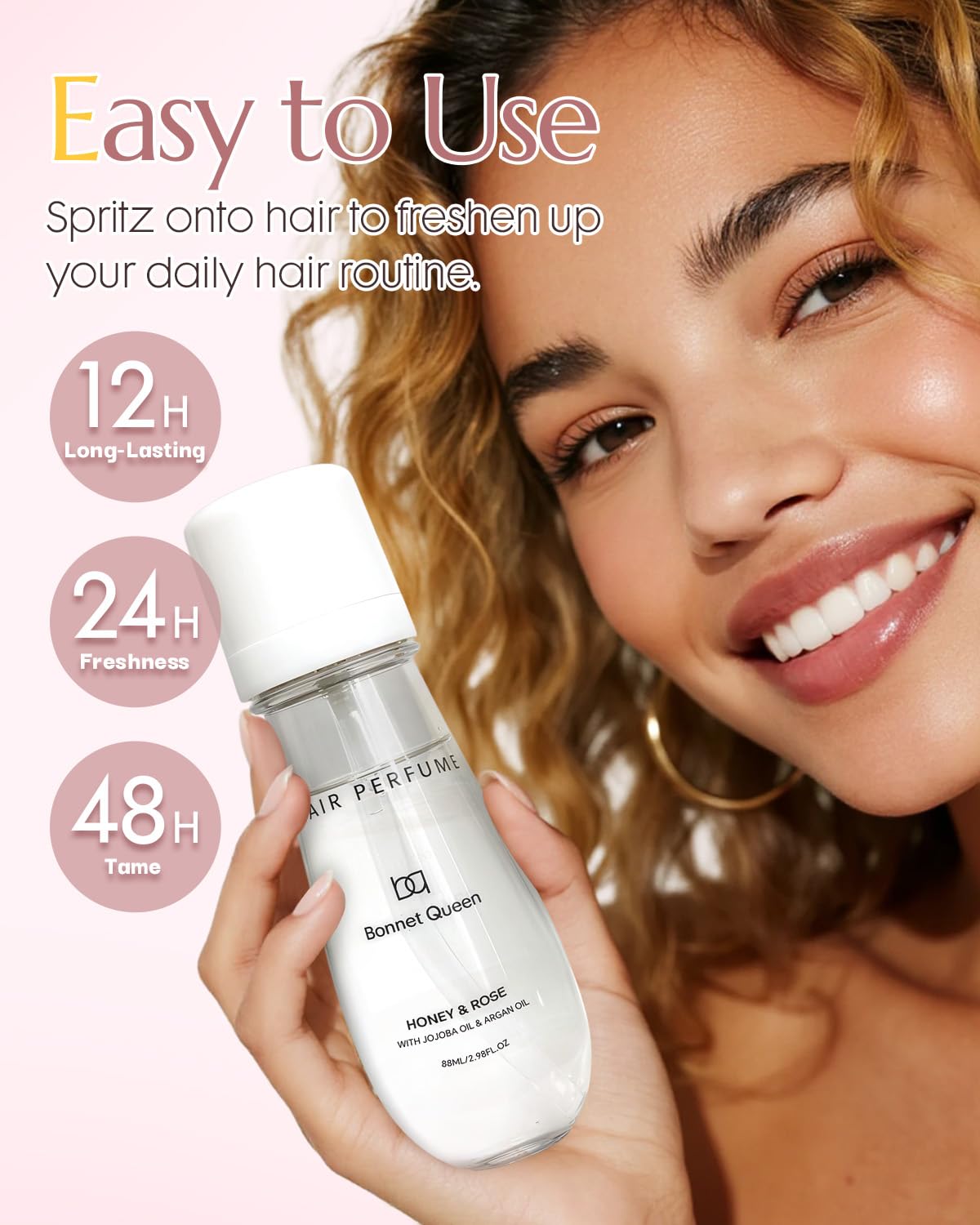 BONNET QUEEN Brume Parfumée Cheveux & Corps Femme Miel et Rose 88 ml – Spray Parfumé Longue Tenue pour Cheveux, Corps et Vêtements, Hydratant, Anti-Frisottis, Brillance Naturelle