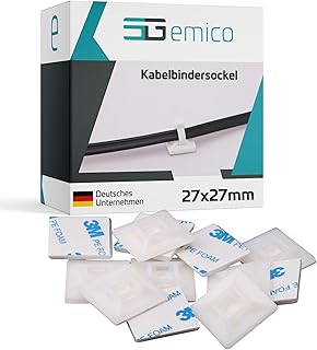 emico Kabelbindersockel 27x27 mm - für Kabelbinder bis 4,8 mm Breite - 50 Stück Natur - Kabelbinderhalter aus PA 6.6 - Selbstklebend (3M Kleber) & RoHS-konform - Praktische Befestigung für Kabel