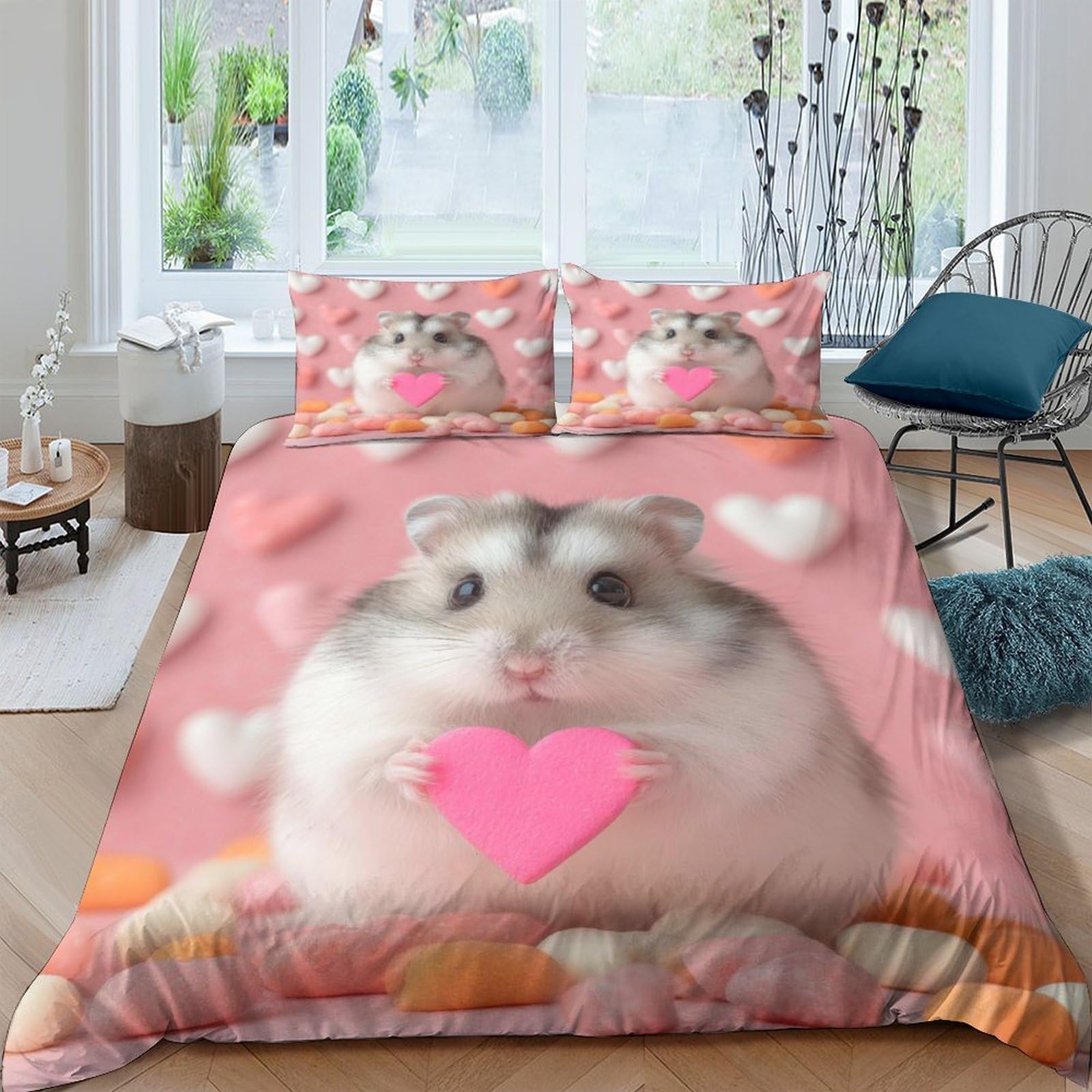 Ctjqhvkz Style-3 3D Printed Cute Hamster Fitted Sheet Microfiber Pink Heart Bed Cover Anti-Slip Machine Washable Bedroom Decor Home Mattress Protection Single（135X200cm）