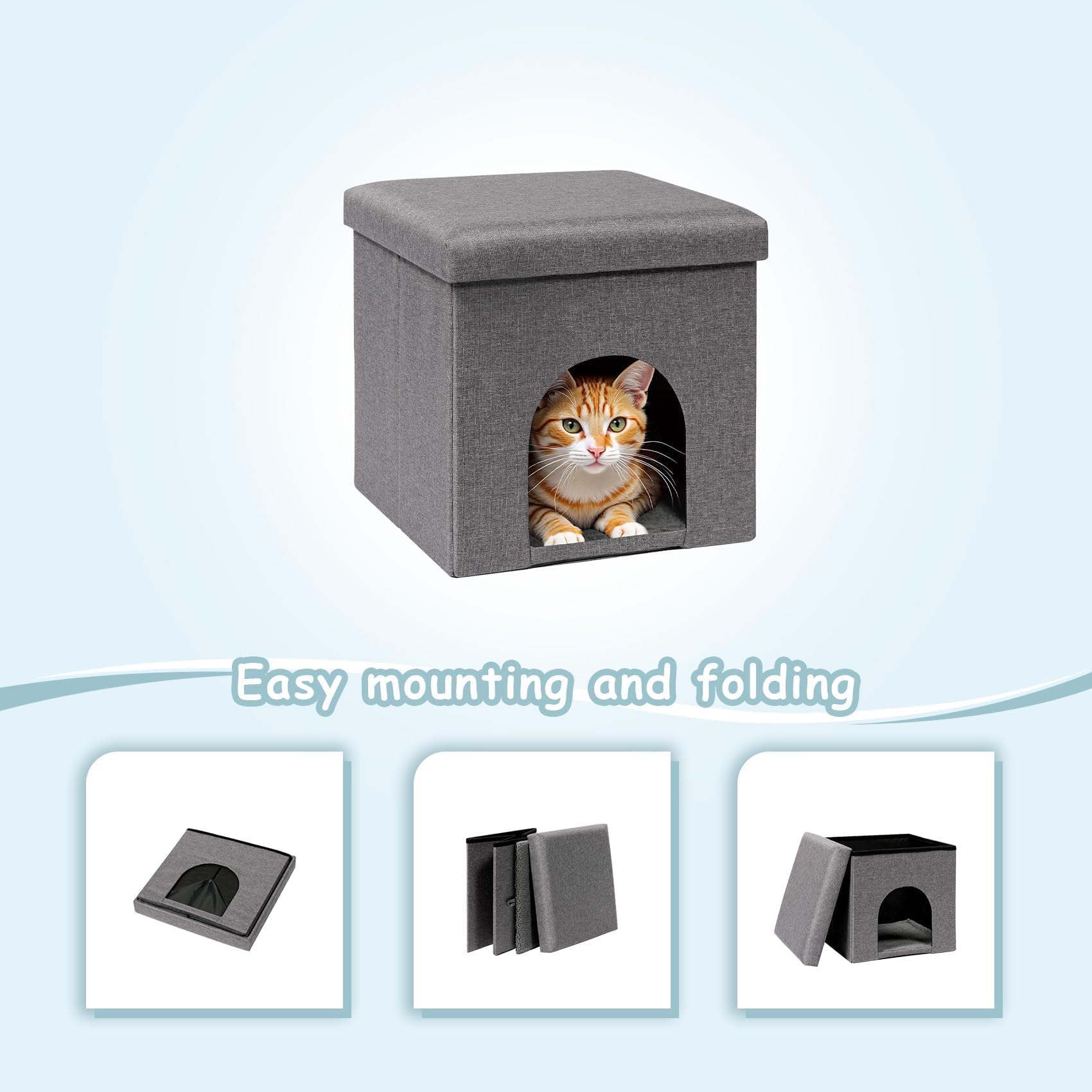 PINPLUS Maison pour Chat avec Coussin, Tabouret Pliable pour Chats, Cube Stable avec Couvercle Amovible, Cachette Confortable pour Dormir et Jouer