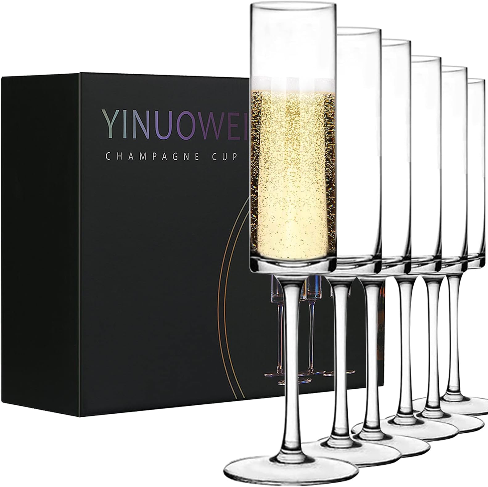 Champagne Flutes - Elegant Hand Blown Crystal Champagne Glasses, Lead-free Premium Crystal Gifts For Weddings, Anniversaries, Christmas - Set of 6, Clear