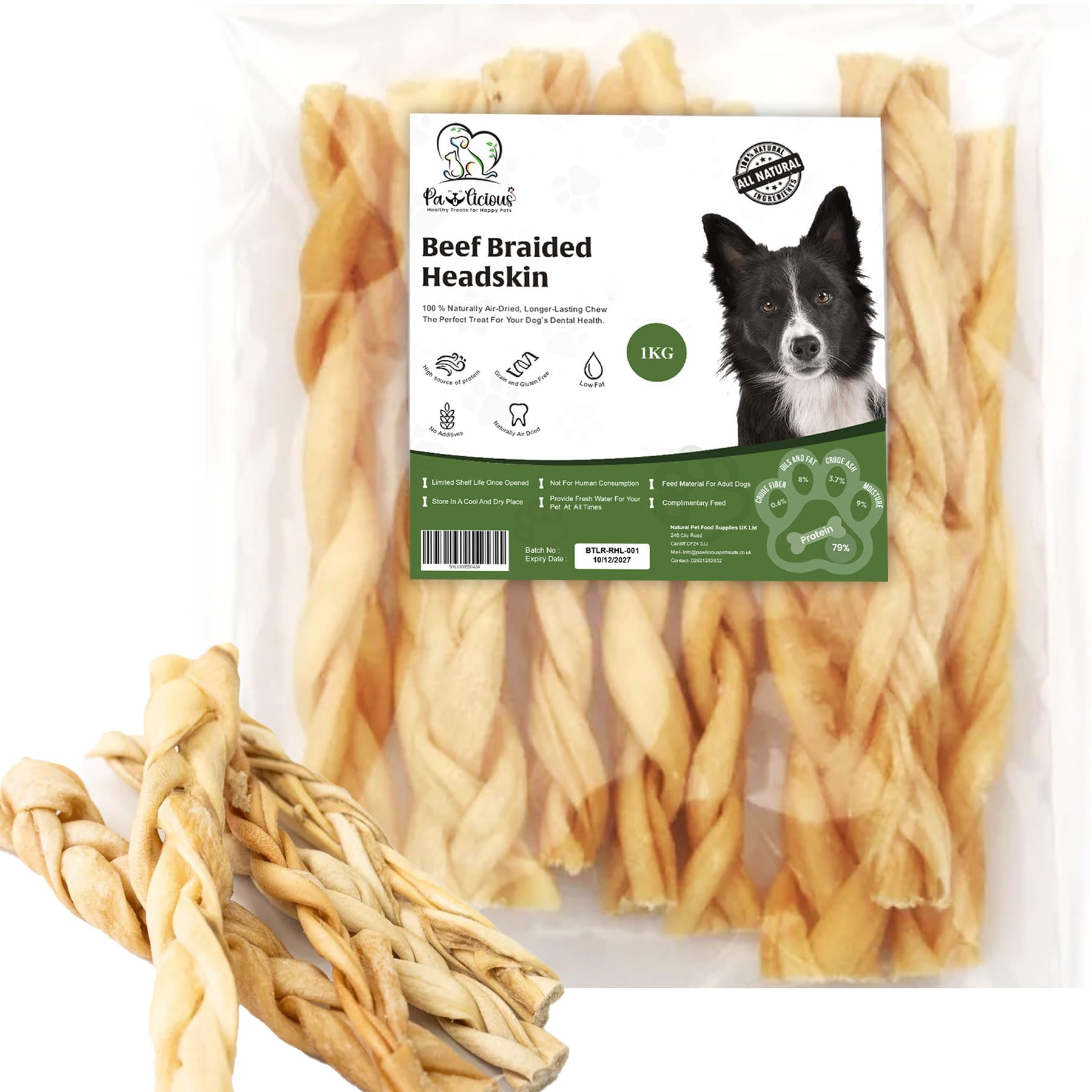 PAWLICIOUS 1Kg Braided Beef Headskin Sticks for Dogs, (51 Count) 100% Natural Pet Treats Long Lasting Dog Chews, Hypoallergenic Gluten and Grain Free Headskin Pet Food Snacks