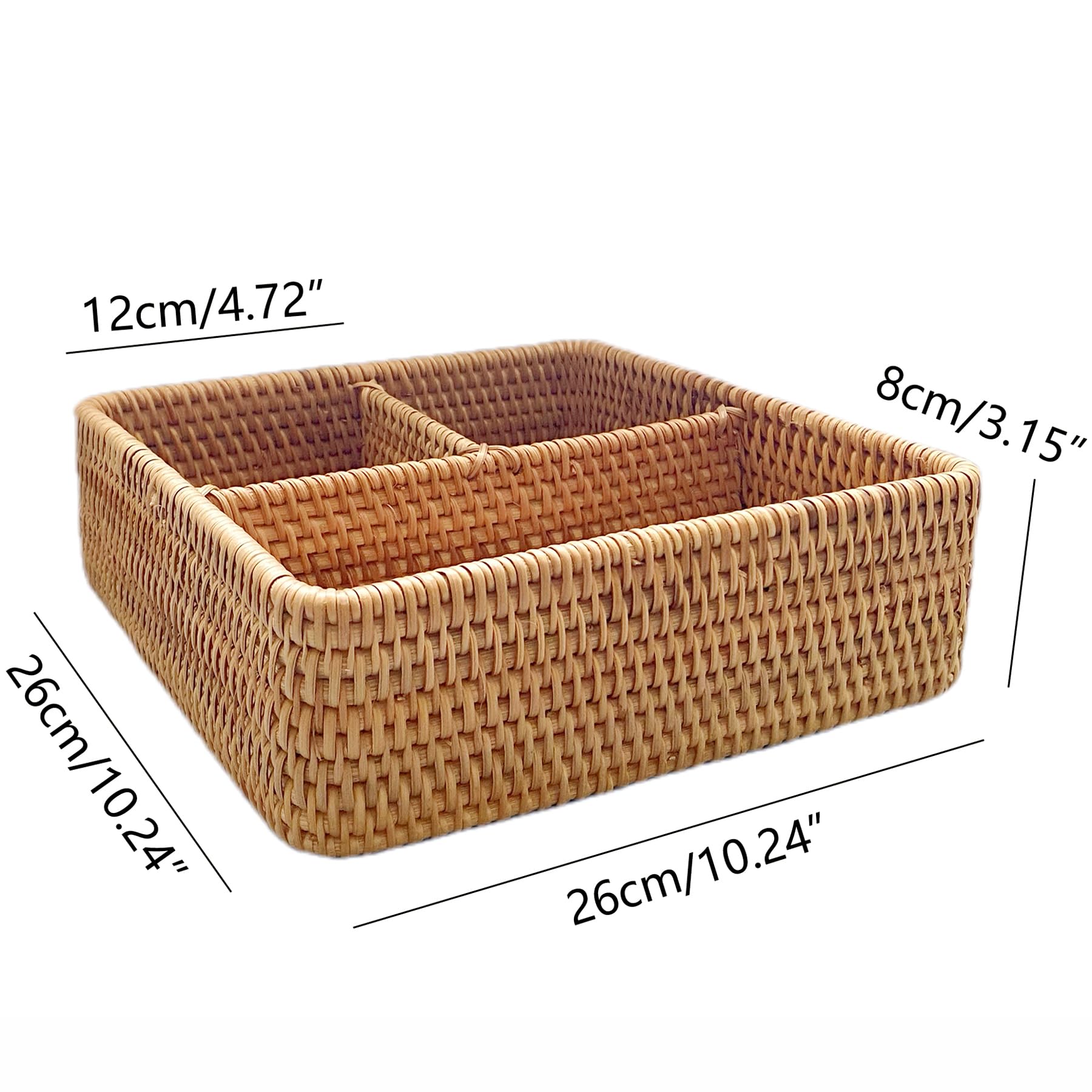 i-lan Caja de almacenamiento de ratán tejida a mano con 3 compartimentos, cesta dividida para servir utensilios y botellas de 10.6 x 10.6 x 4 pulgadas