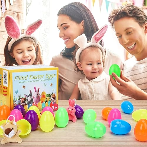 Miniatura 7 de Paquete de 28 huevos de Pascua rellenos con mini animales de peluche para cestas de niños, caza de huevos de Pascua, recuerdo de fiesta de Pascua,