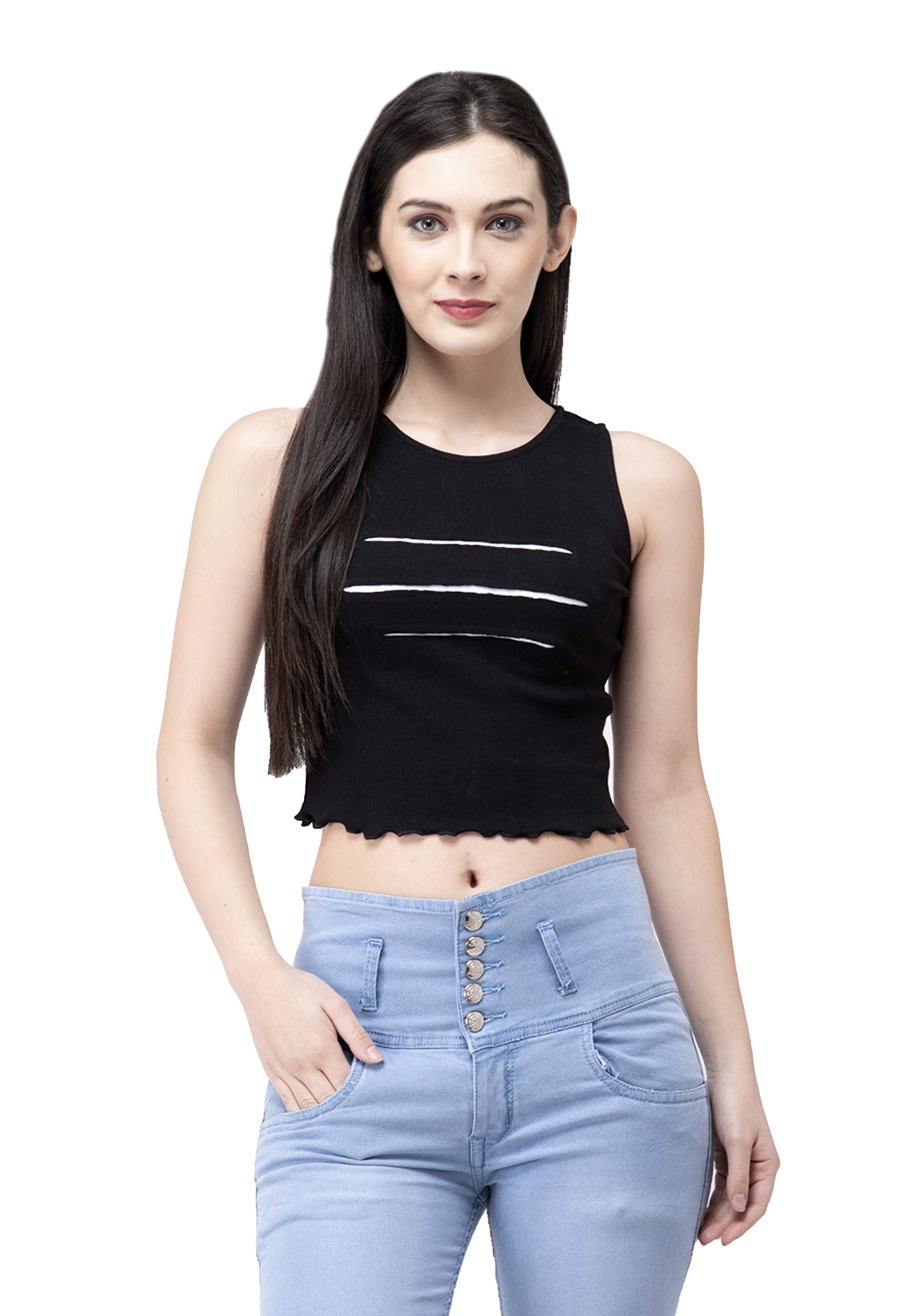 women's round neck cotton lycra rib sleeveless solid crop top
