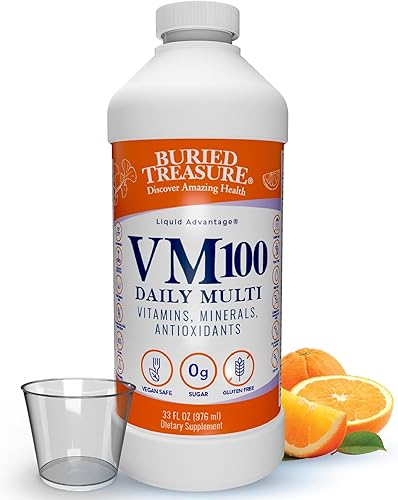 Buried Treasure VM100 Daily Multi - 32 porciones, vitaminas líquidas minerales suplemento con dosis taza