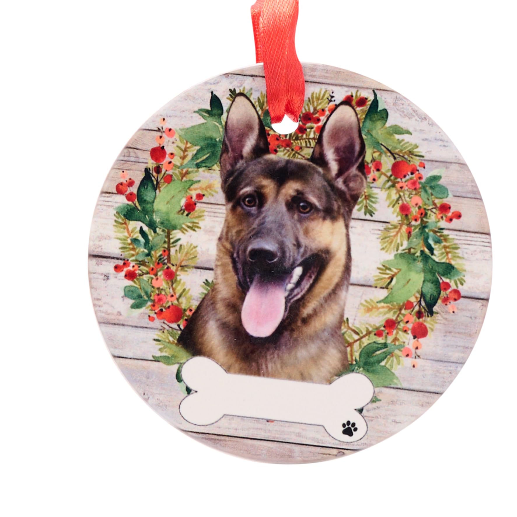 Animal Crackers Red Ceramic Pet Hanging Christmas Tree Decoration Or Memorial, Cute Animal Image With Space To Write Own Name (Supplied Blank), Attached Ribbon Hanger, 9Cm Diameter (German Shepherd)