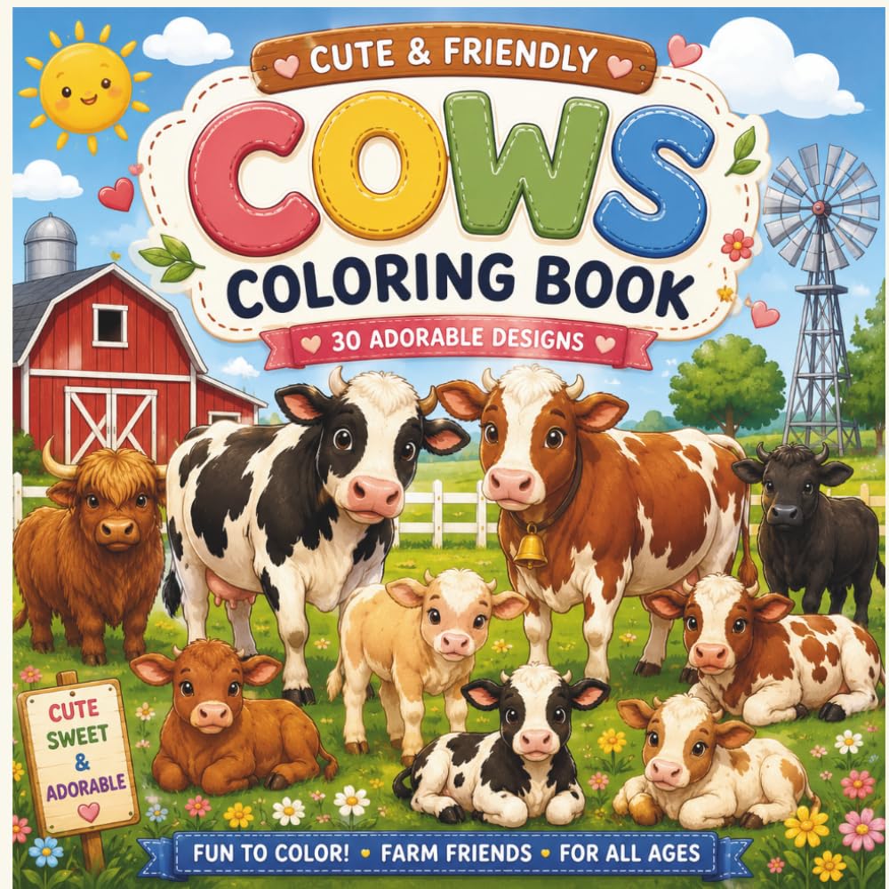Cute & Friendly Cows Coloring Book for Kids Ages 3-8: 30 Fun and Easy Coloring Pages Featuring Cute Calves, Farm Cows, Highland Cows, Dairy Cows, and Peaceful Farm Scenes