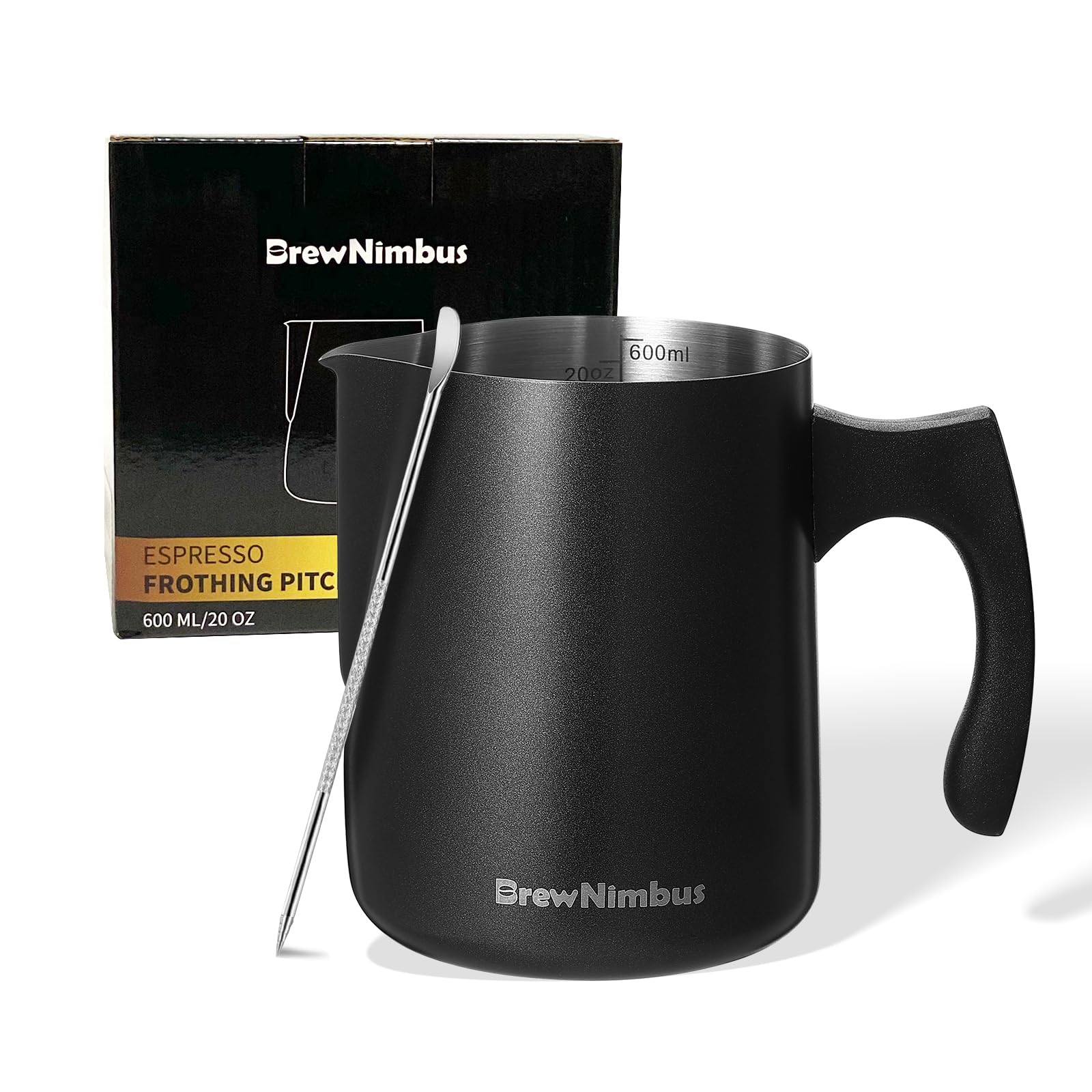 Milk Frothing Pitcher, 20oz/600ml Espresso Steaming Pitcher, Milk Frother Cup with Latte Art Pen, Stainless Steel Cappuccino Coffee Machine