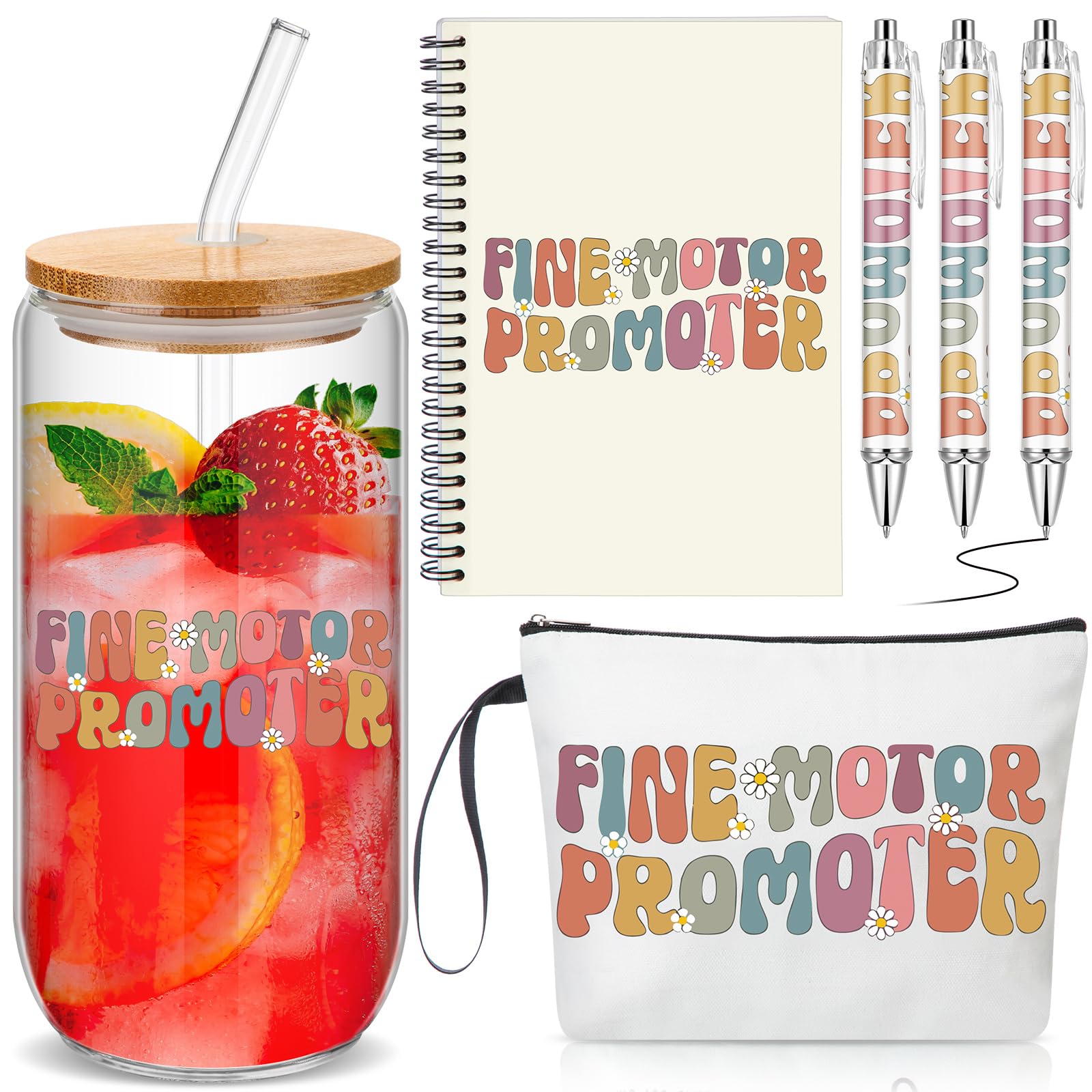 Maitys 6 Pcs Occupational Therapy Gifts Valentines OT Gift Therapist Makeup Bag 17 oz Glass Cup with Lid and Straw OT Spiral Journal Notebook with 3