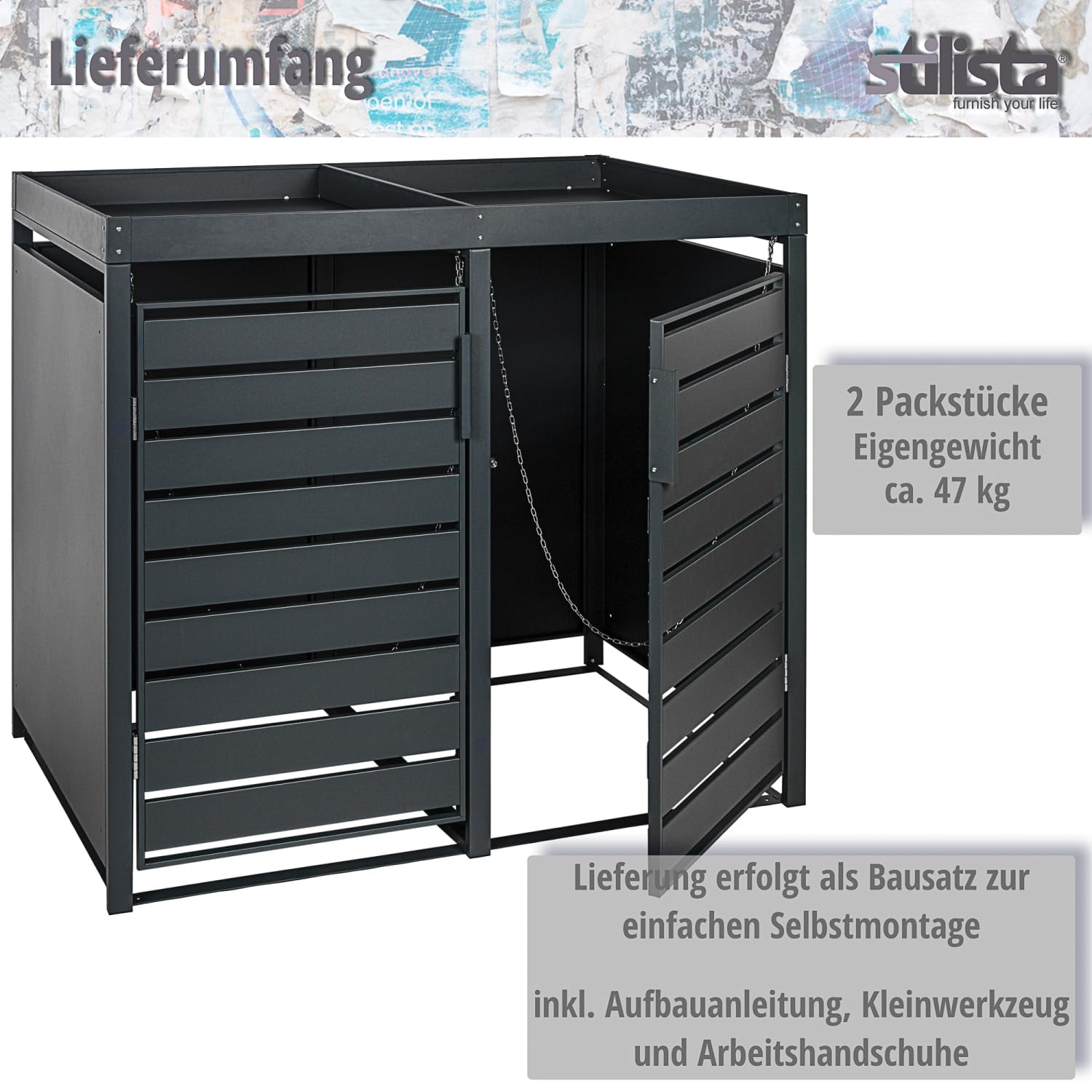 STILISTA Mülltonnenverkleidung aus Metall mit Pflanzdach, je 240 Liter, Anthrazit, 2-türig