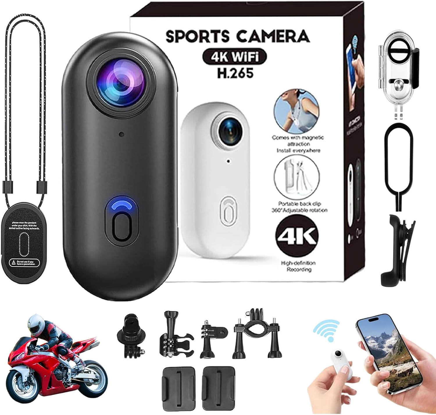 POV Camera Pro HD Capture, 1080p/4k Mini Hands-Free Ultra Wide Angle HD Action Camera, Wearable Body Adventure Action Cam with Audio Video, for Vlogging Cycling Diving (Black, 4K)