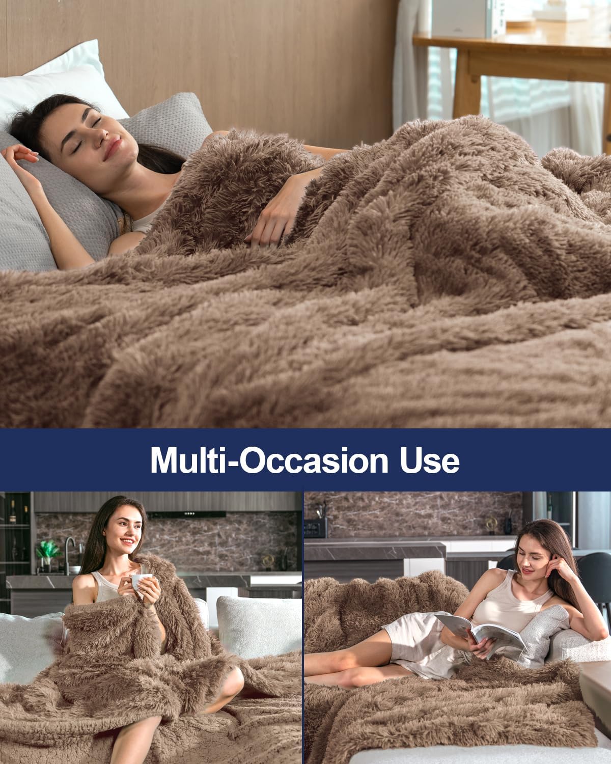 Pawque Luxury Faux Fur Throw Blanket Super Soft Oversized Throw Blankets, 90x90 inches, Decorative Blankets for Sofa Couch Bed Chair Photo Props, Breathable & Washable, Brown