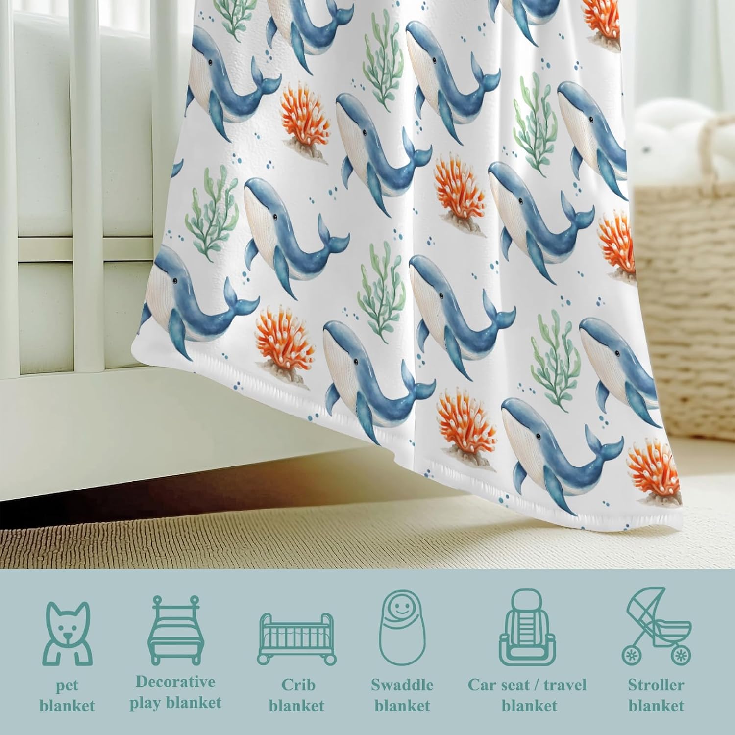 Watercolor Whales Coral Seaweed Baby Boy Girl Blue Whale Blankets Sea Ocean Animal Flannel Fleece Nursery Bed Receiving Swaddle Breathable Newborn Infant Toddler Kid Crib Bedding