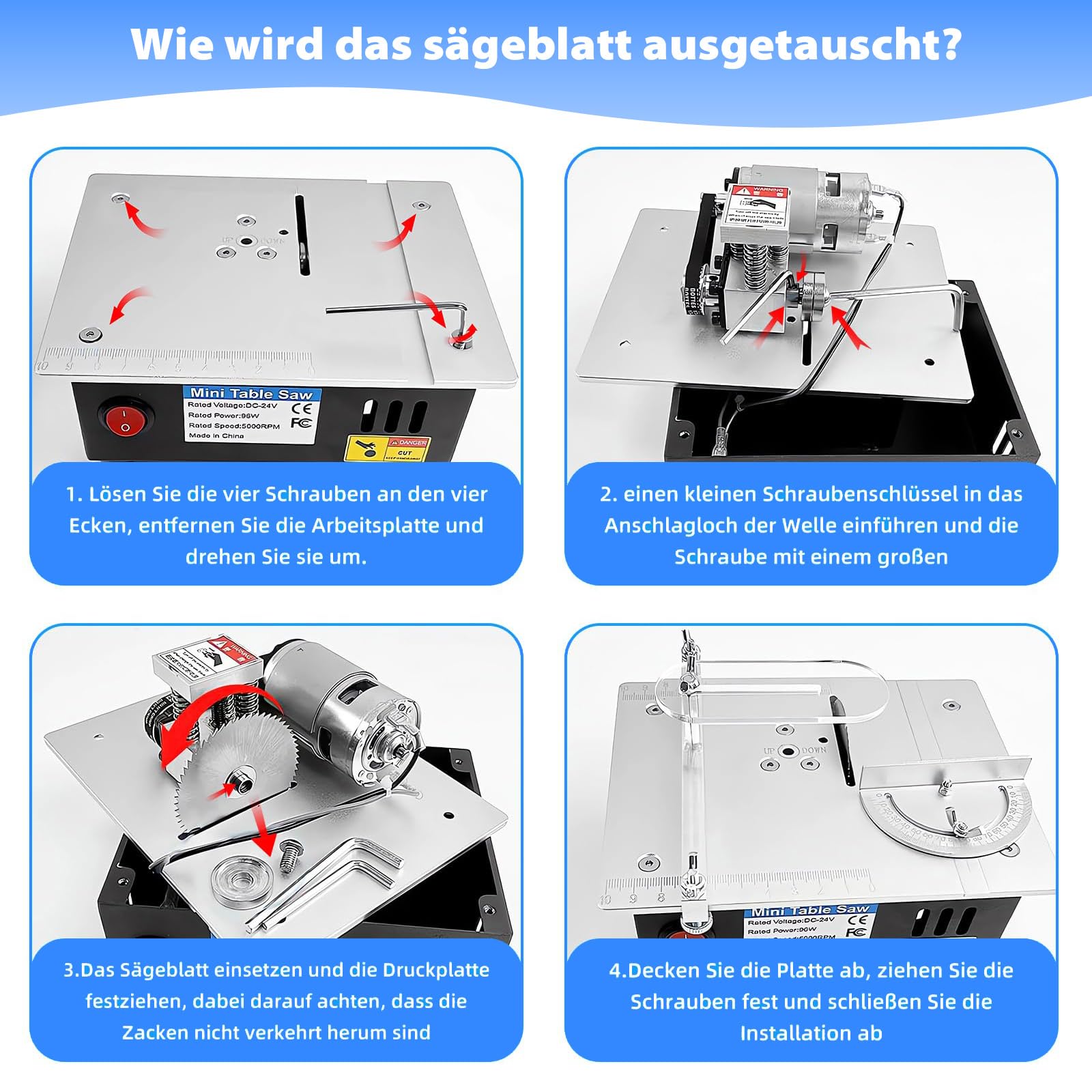 Mini Tischkreissäge mit 4 Klingen, 96W Tischsäge Klein mit 7-Gang-Netzteil Einstellbarer, 0,1-15mm Sägeblatt Höhenverstellbarer, Multifunktionale Table Saw Präzisions Ttischsäge für Holzbearbeitung