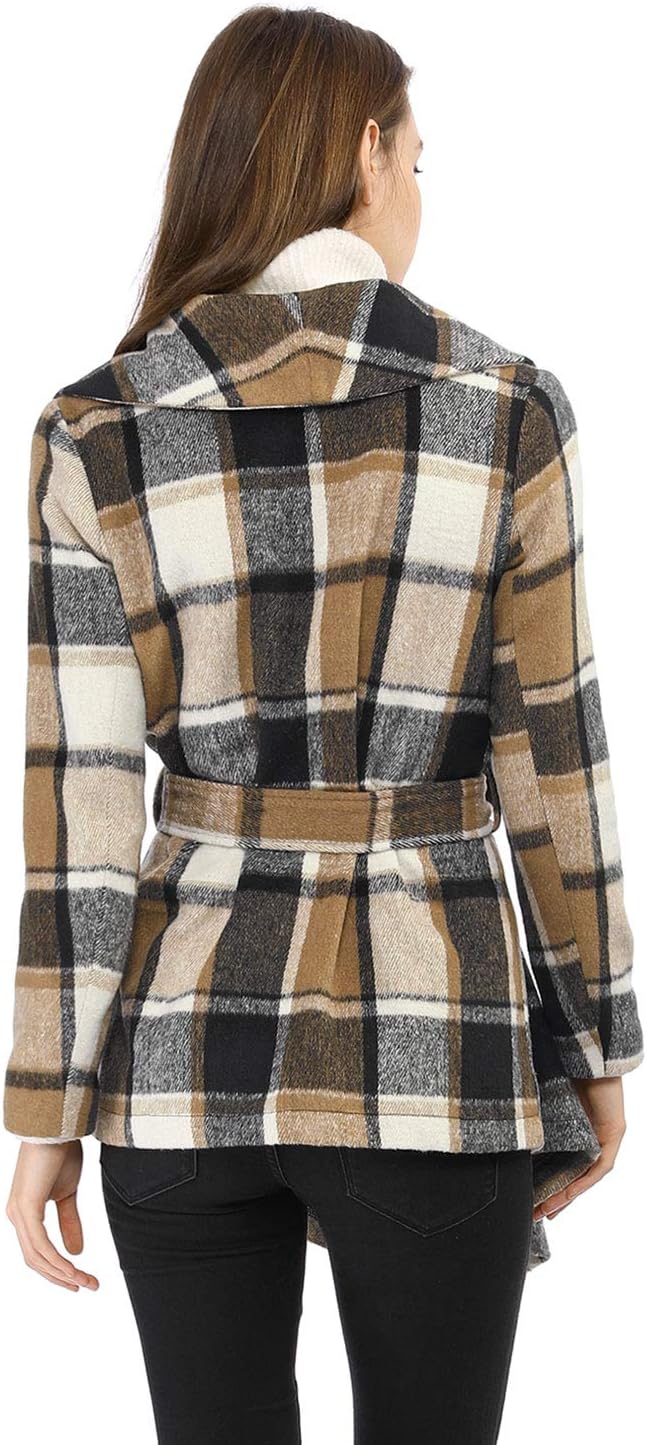 Allegra K Women's Turn Down Collar Asymmetric Hem Thin Plaids Wrap Coat - Image 5