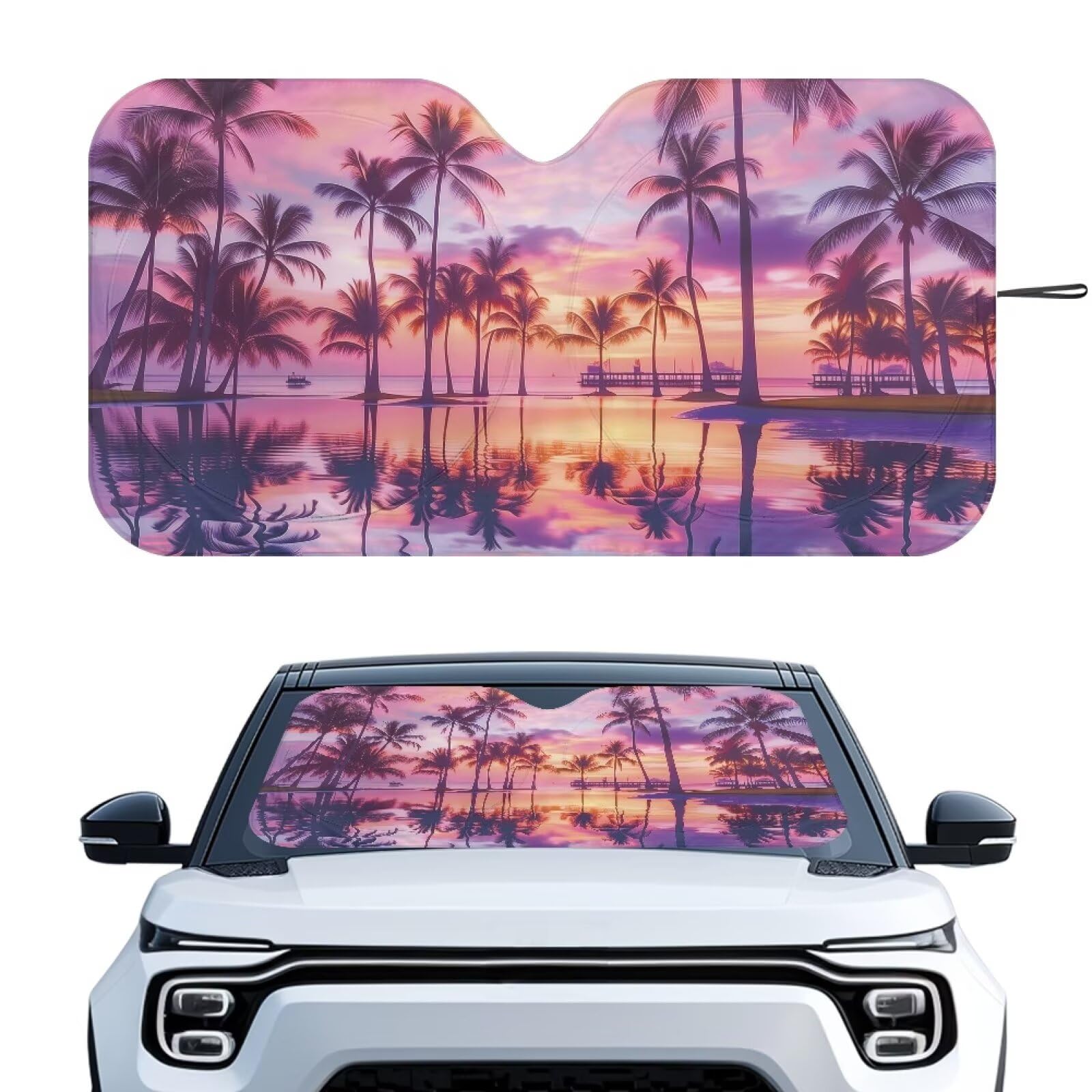 Palm Tree Sunset Car Windshield Sunshade Car Interior Accessories for Sun Heat Foldable Sun Shade Keeps Vehicle Cool Fit Most Auto Truck Van SUV (66.53 x 34.44 in)