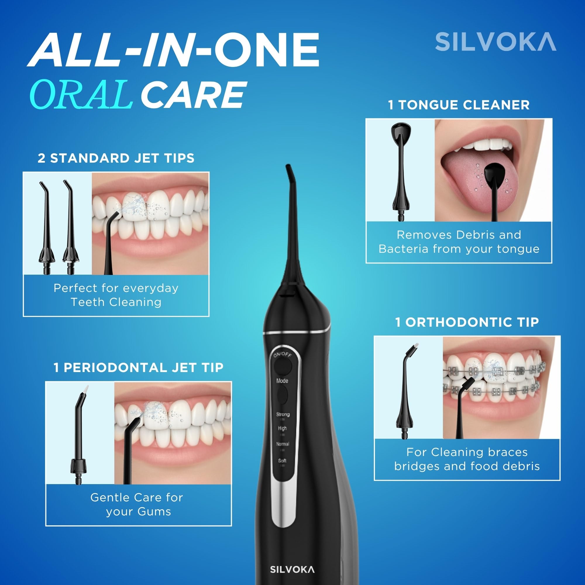 Irrigador bucal para dientes, irrigador bucal inalámbrico, irrigador dental portátil con tanque de 300 ml, 4 modos de limpieza, IPX7 impermeable, púa de hilo dental recargable para aparatos