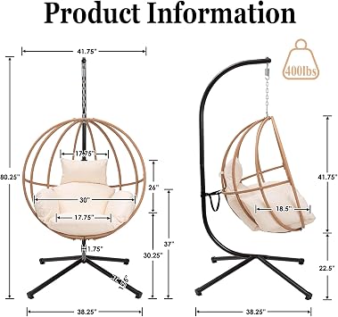 Hanging Egg Chair with Stand, Hammock Egg Swing Chair Indoor Outdoor, Patio Hanging Egg Chairs with Cushions for Relaxation in Bedrooms, Balconies, Gardens, Beige