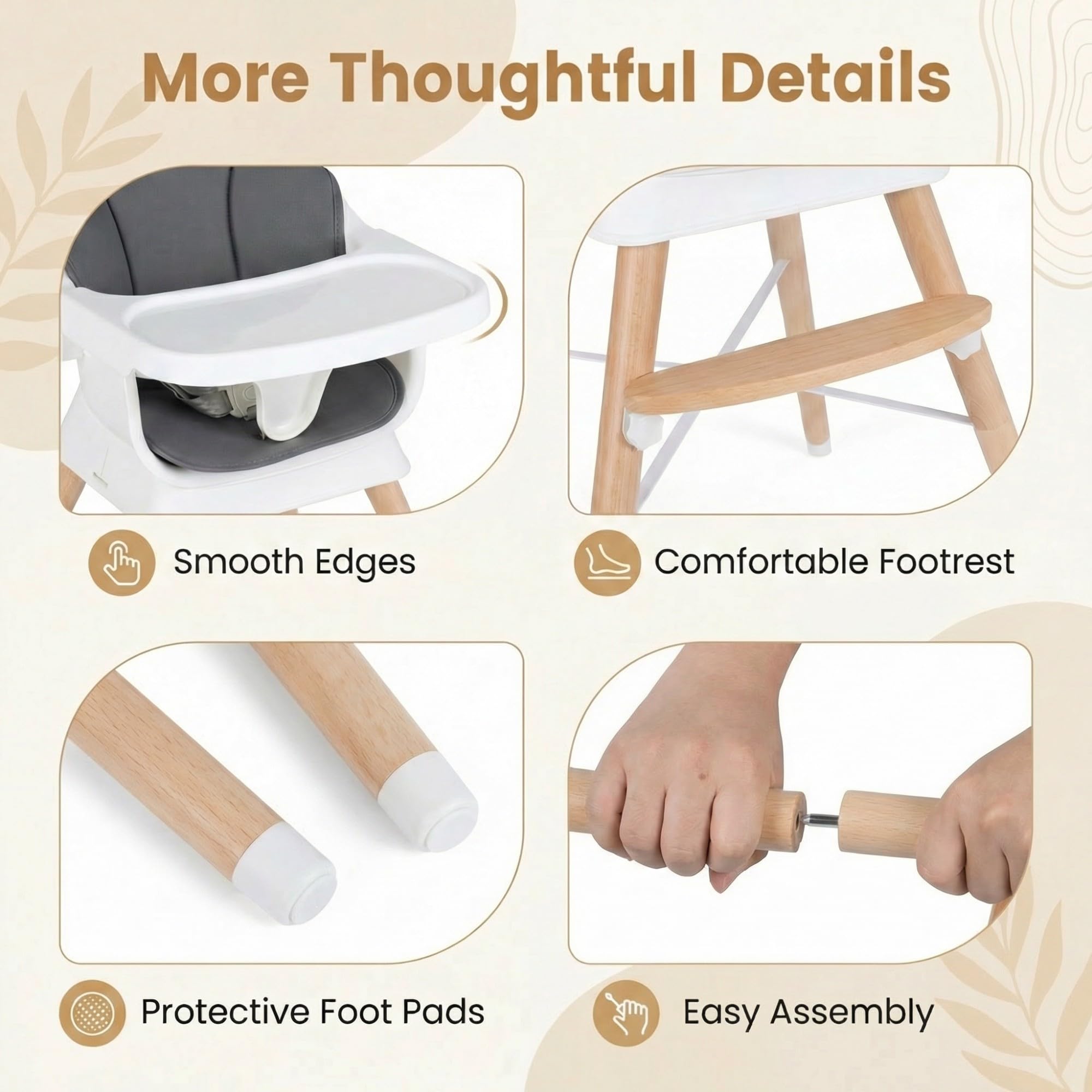 LIFEZEAL Trona para Bebés y Niños Pequeños, Trona Infantil Multifuncional de Madera Maciza, con Reposapiés y Bandeja Ajustables, Equipada con Cinturón de Seguridad, Apta para Bebés de 6 a 36 Meses