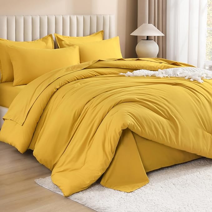 Litanika Comforter California King Size Set Mustard Yellow - 7 Pieces Bed in a Bag California King Bedding Comforter Sets, Plain Lightweight Bed Set with Comforter, Sheets, Pillowcases & Shams