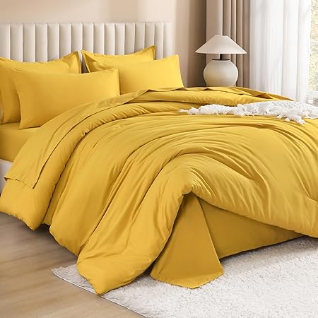 Litanika Comforter California King Size Set Mustard Yellow - 7 Pieces Bed in a Bag California King Bedding Comforter Sets, Plain Lightweight Bed Set with Comforter, Sheets, Pillowcases & Shams