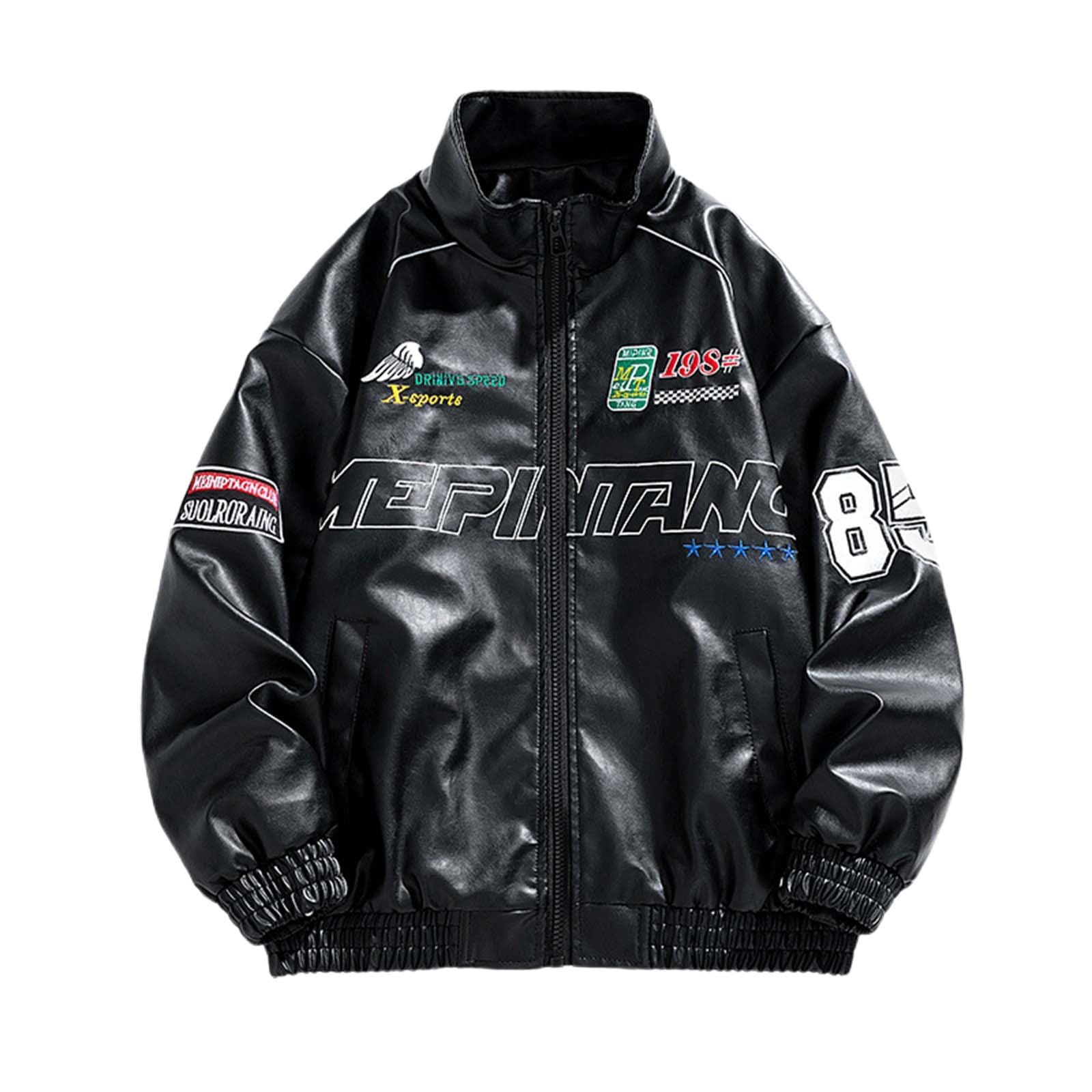 Generisch Giacca in pelle da uomo Y2K, oversize, in similpelle, con chiusura lampo americana, giacca da baseball, bomber vintage, giacca del college, Gebatikt Hip Hop Streetwear