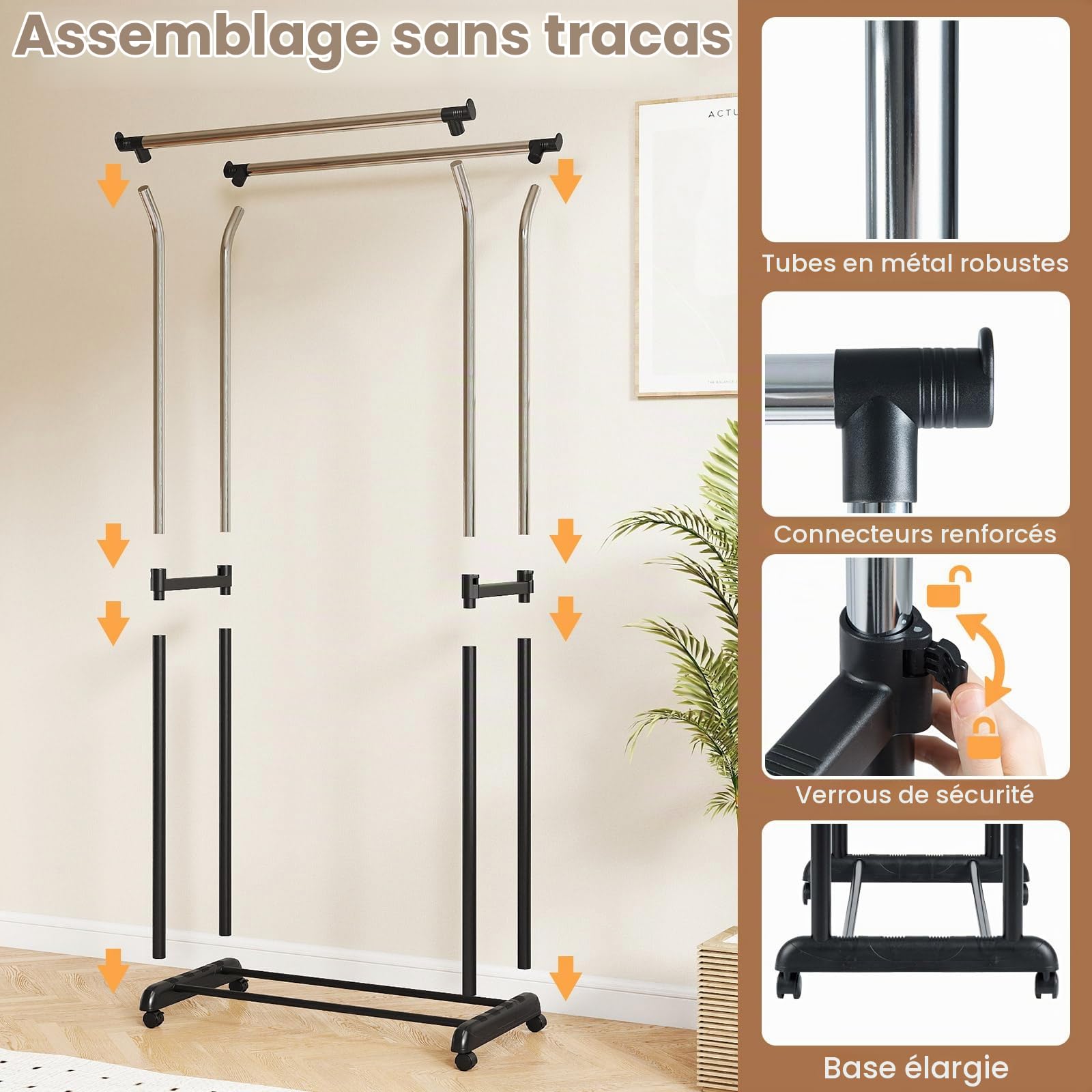 GIANTEX Portant a Vetements Double Tringle, Porte-vetements Portable avec Hauteur Réglable et Roulettes, Portant en Métal Robuste avec Roulettes pour Chambre, Buanderie, Vestiaire