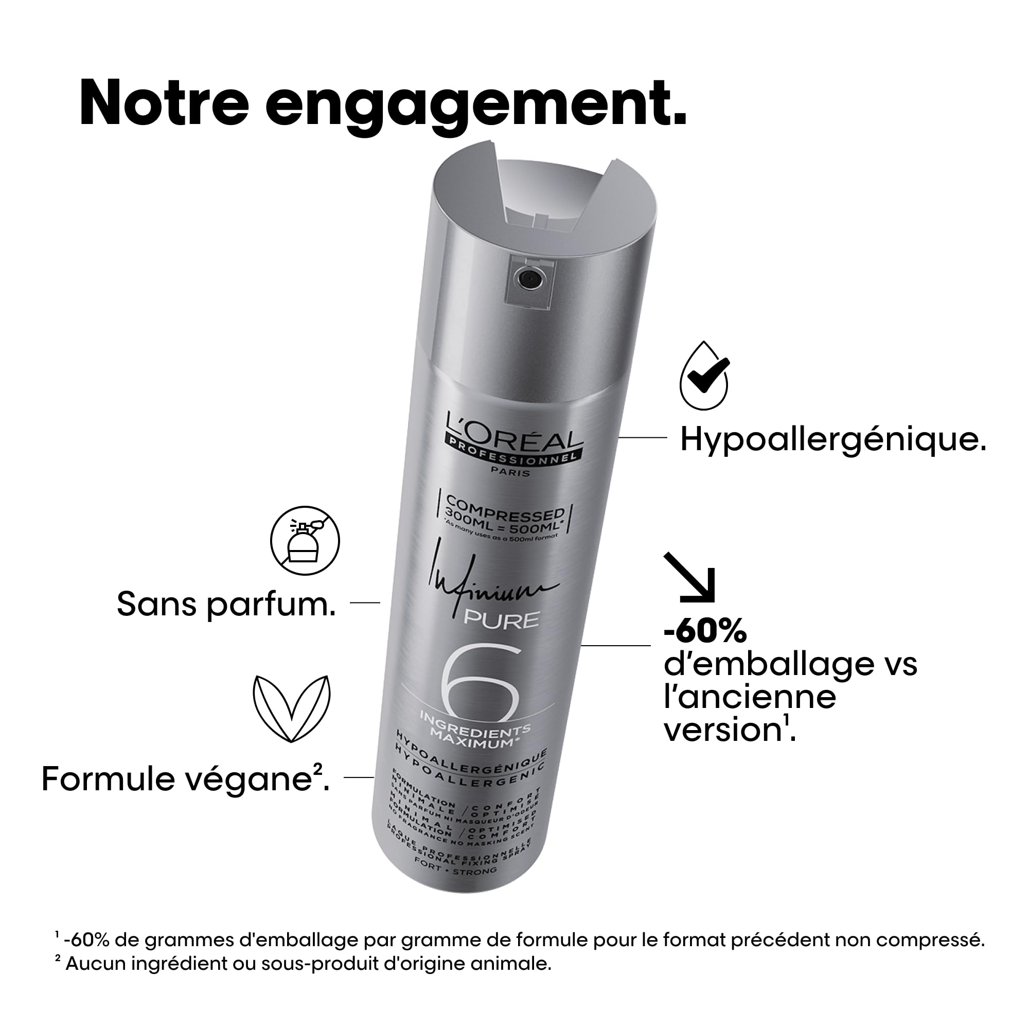L'OREAL PROFESSIONNEL - Laque Infinium Pure - Tenue Longue Durée - Formule Légère 6 Ingrédients, Sans Parfum & Hypoallergénique - Toucher Naturel & Cheveux Brillants - 300 ml