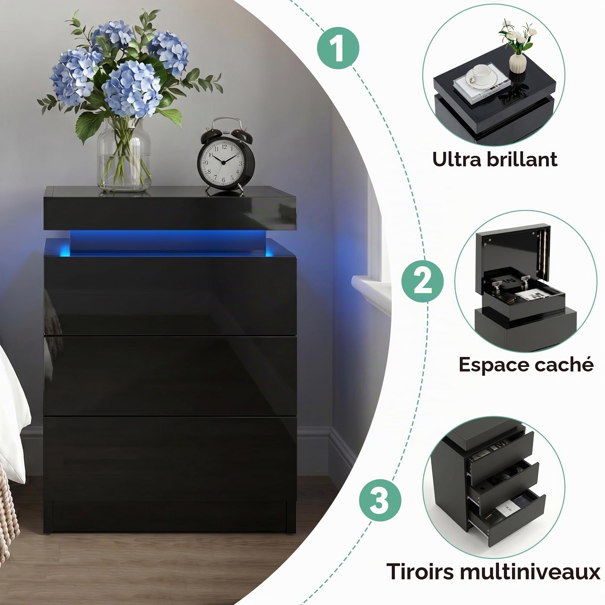 TUKAILAi Lot de 2 Table de Chevet LED avec 3 Tiroirs, Table de Nuit LED Connectee Chambre à Coucher, Commode Chambre LED Connectée pour Adulte, Chevet de Lit à Ports USB Salon Bois Cadeau (Noir)