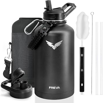 Vacuum Insulated Water Bottle 64 oz, Half Gallon Water Flask, Black | Stainless Steel Water Jug, Keep Cold for 48 Hrs, Paracord Handle, Straw & Spout Lids, Leakproof, BPA-Free