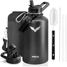 Insulated Water Bottle 64 oz, Triple-layered/Vacuum Stainless Steel Cold for 48 Hrs, Half Gallon Large Water Jug with Paracord Handle, Straw & Spout Lids, Leakproof & BPA-Free, Black