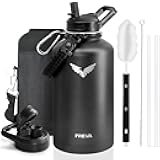 Insulated Water Bottle 64 oz, Triple-layered/Vacuum Stainless Steel (Cold for 48 Hrs), Half Gallon Large Water Jug with Paracord Handle, Straw & Spout Lids, Leakproof & BPA-Free, Onyx