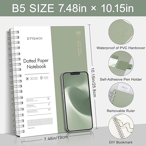 Miniatura 70 de EMSHOI Cuaderno de puntos en espiral A4, 150 hojas (300 páginas), diario de cuadrícula de puntos de 3.53 oz/m², tapa blanda impermeable, diario