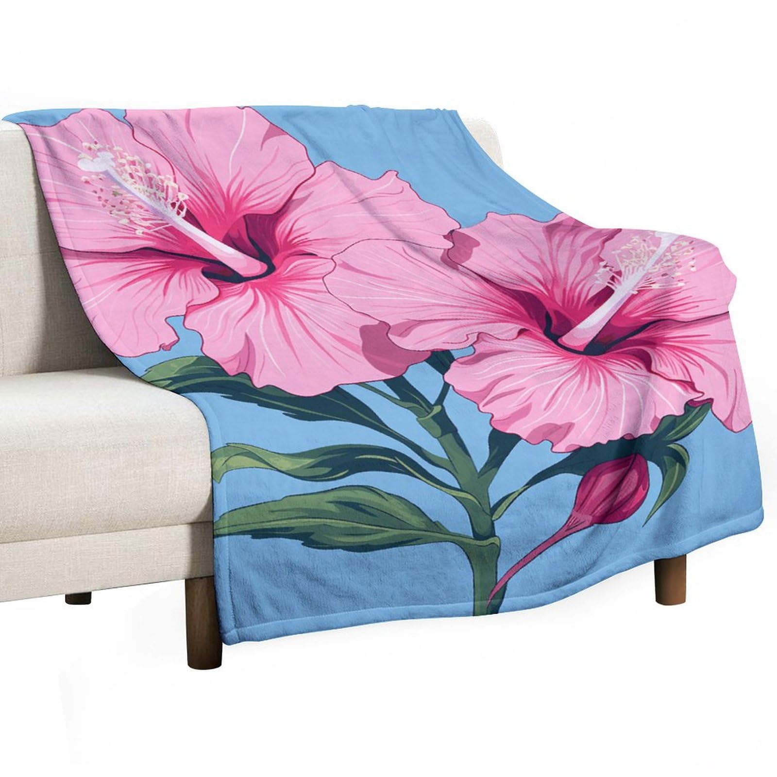 Couverture polaire motif hibiscus, le cadeau idéal pour décorer lit et canapé
