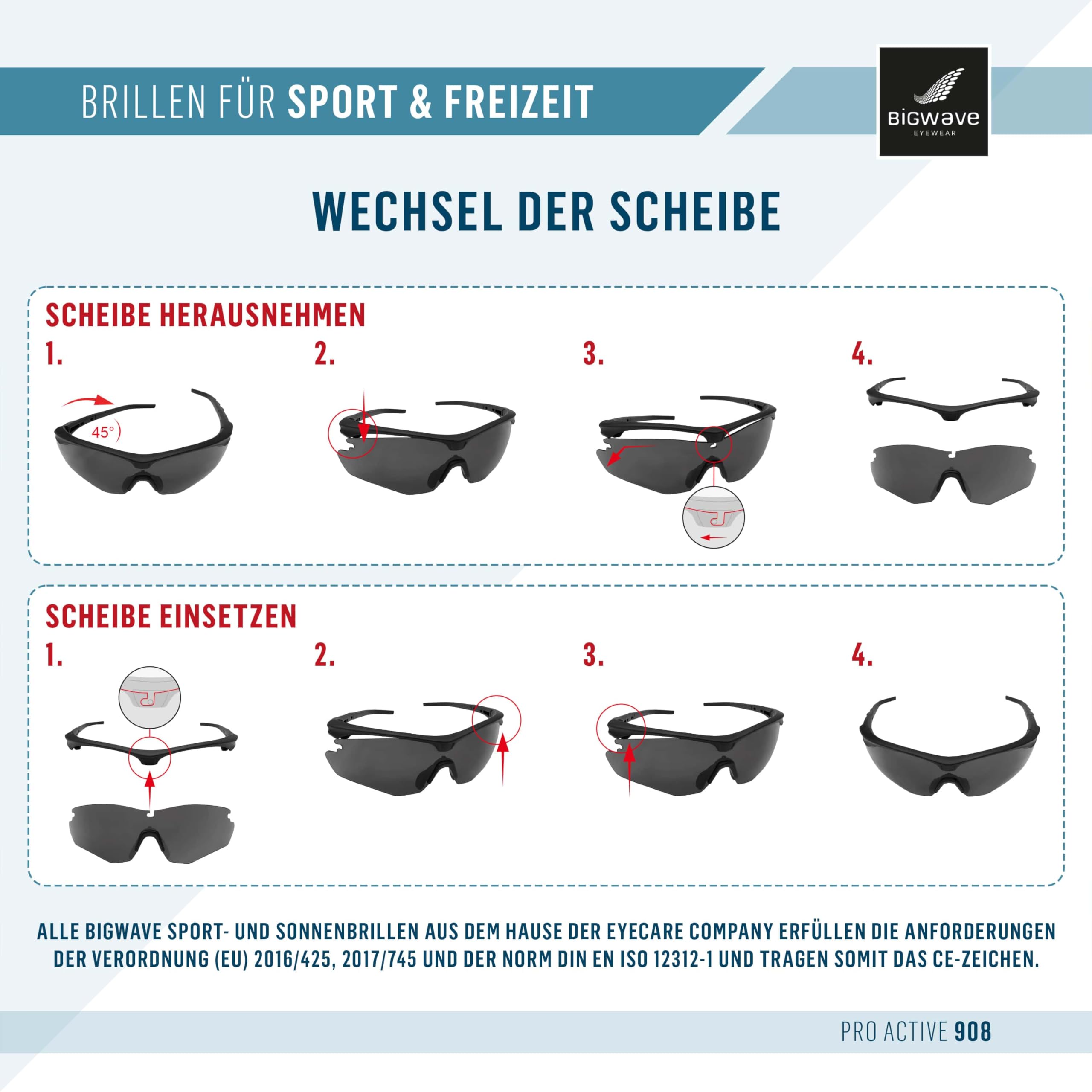 BIGWAVE Pro Active 908 Sportbrille – Fahrradbrille & Laufbrille mit bruchsicherem TR90 Grilamid Rahmen, UV400, Anti-Beschlag, 2 mm Sicherheitslinsen, Scheibenwechsel-System, 3 Jahre Ersatzteilgarantie