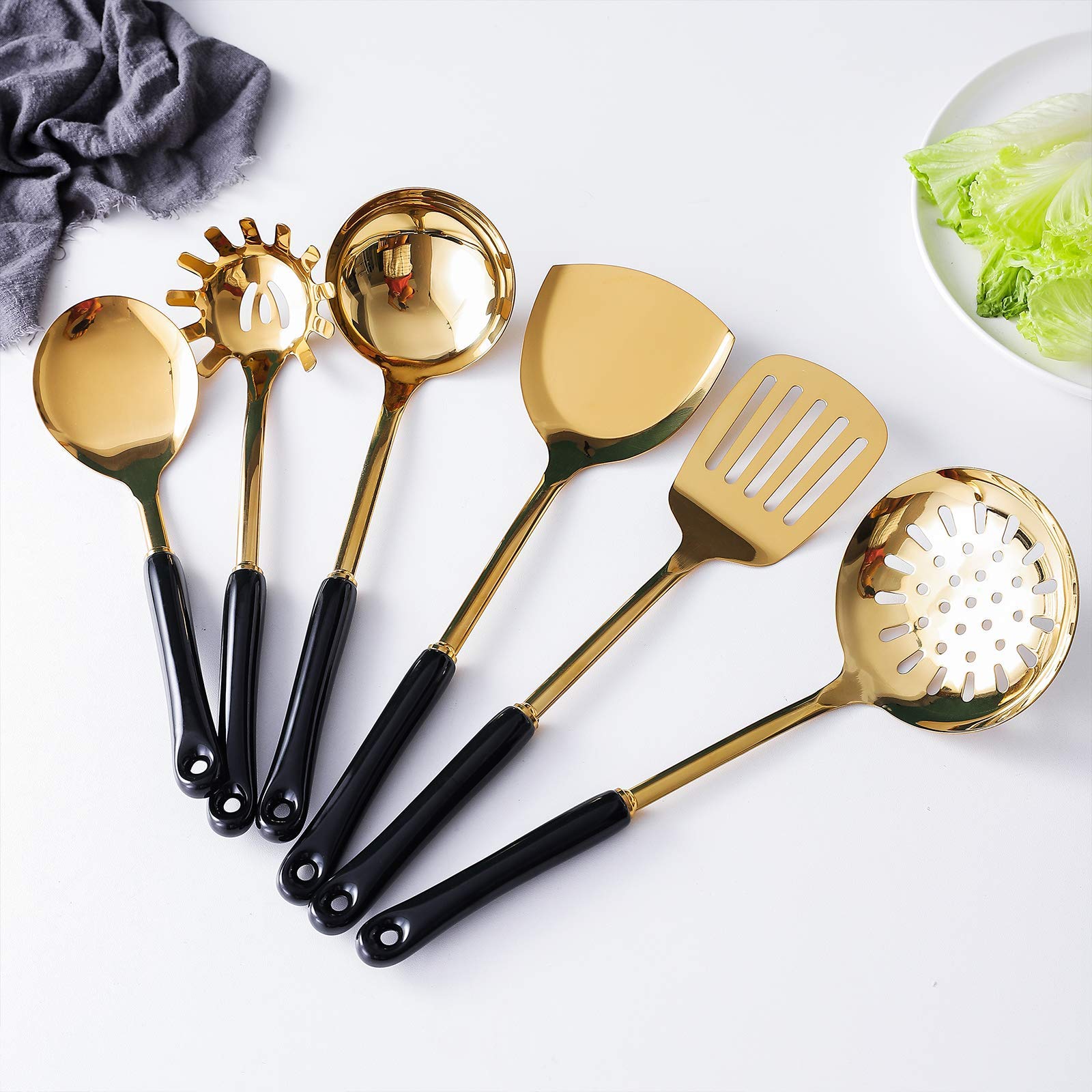 Küchenhelfer-Set 304 Edelstahl 7-teilig Gold Breite Spatel Suppenkelle Sieb Schlitzspatel Spaghetti Server Reislöffel Grün (Schwarz)