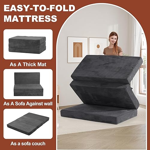 Miniatura 6 de 6-Inch Tri-Fold Foldable Mattress, Folding Sofa Bed with Removable Washable Cover, Portable Futon Mattress Full Size Floor Guest Mat with Non-Slip