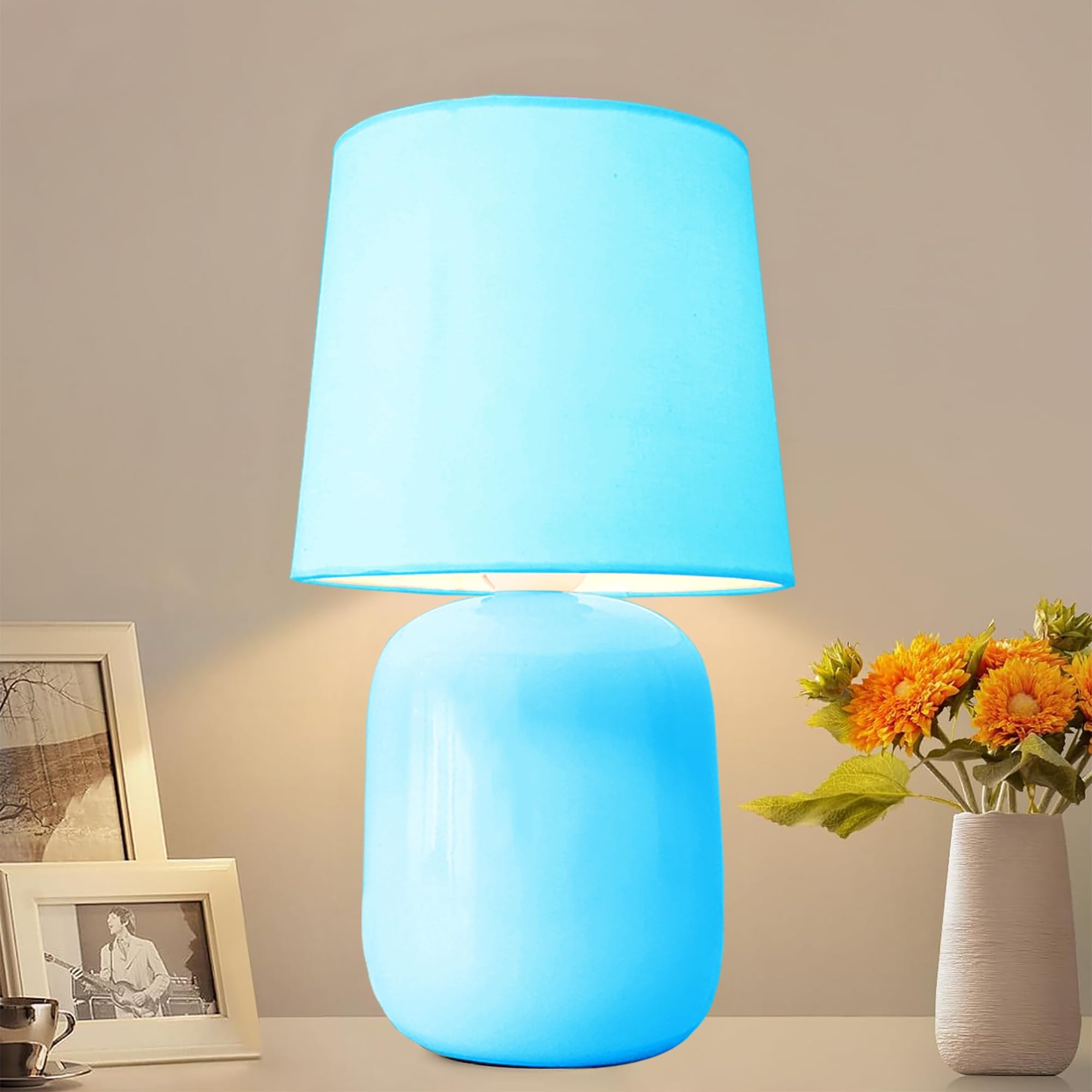 Modern Small Ceramic LED Table Lamp, Classic Bedside Desk Lamp For Living Room Bedroom, Farmhouse Nightstand Lamps With Fabric Shade (Dovel Turquoise)