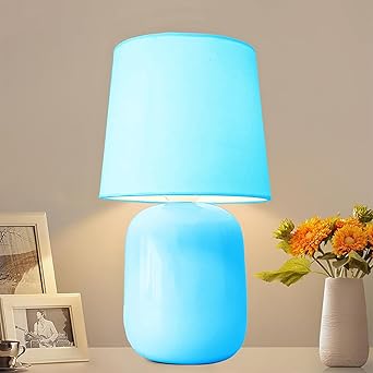 Homesake Modern Small Ceramic Table Lamp, Classic Bedside Desk lamp for Living Room Bedroom, Farmhouse Nightstand Lamps with Fabric Shade (Dovel Turquoise)