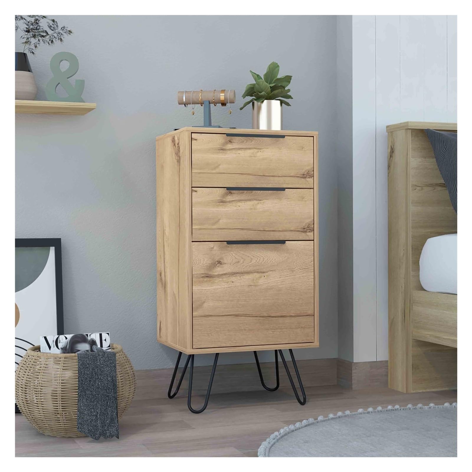 Hairpin Leg Storage, Three Drawer, Premium Panel - Light Oak